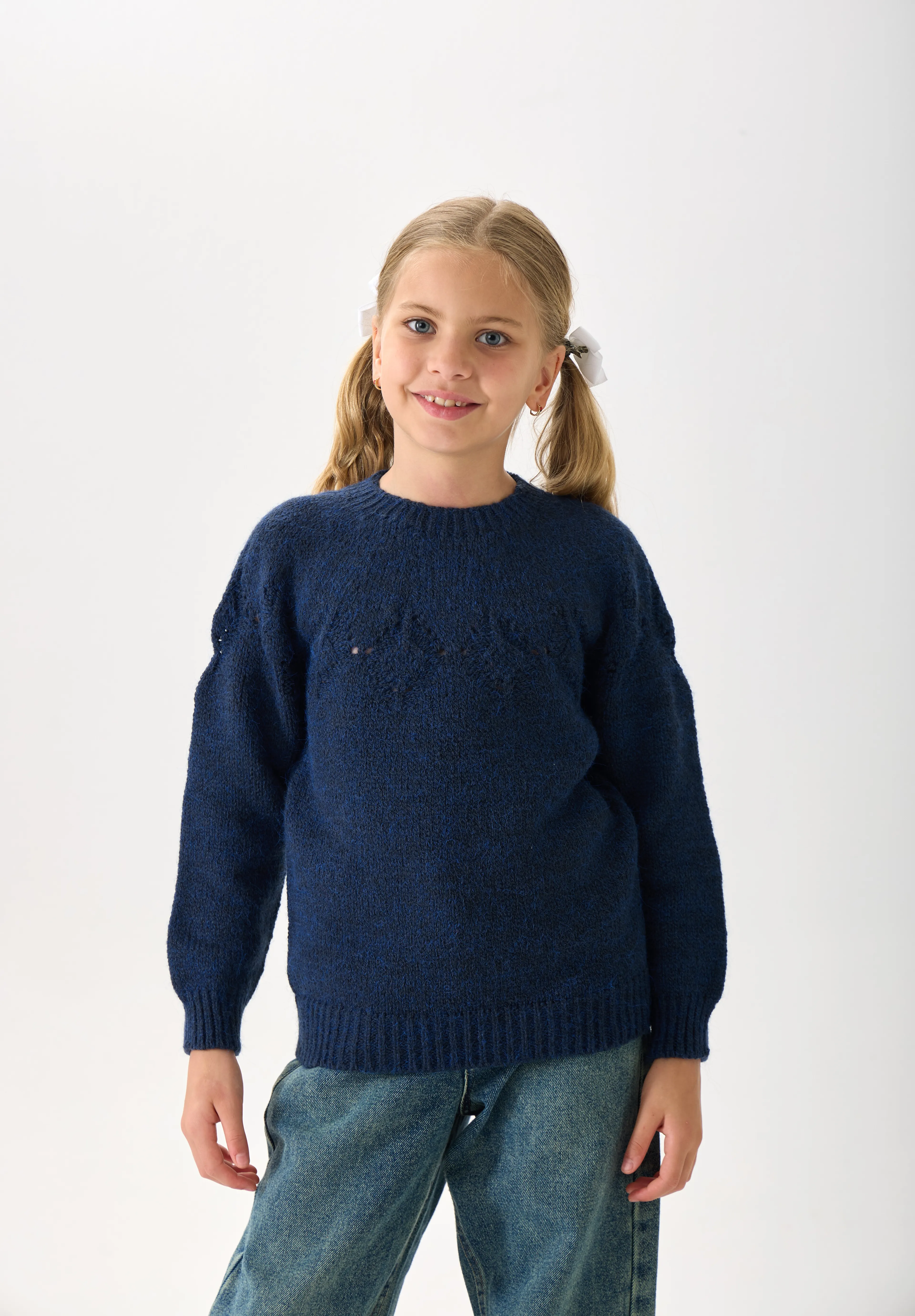 Kız Çocuk Triko Kazak - Bisiklet Yaka ve Uzun Kollu Günlük Model - Lacivert