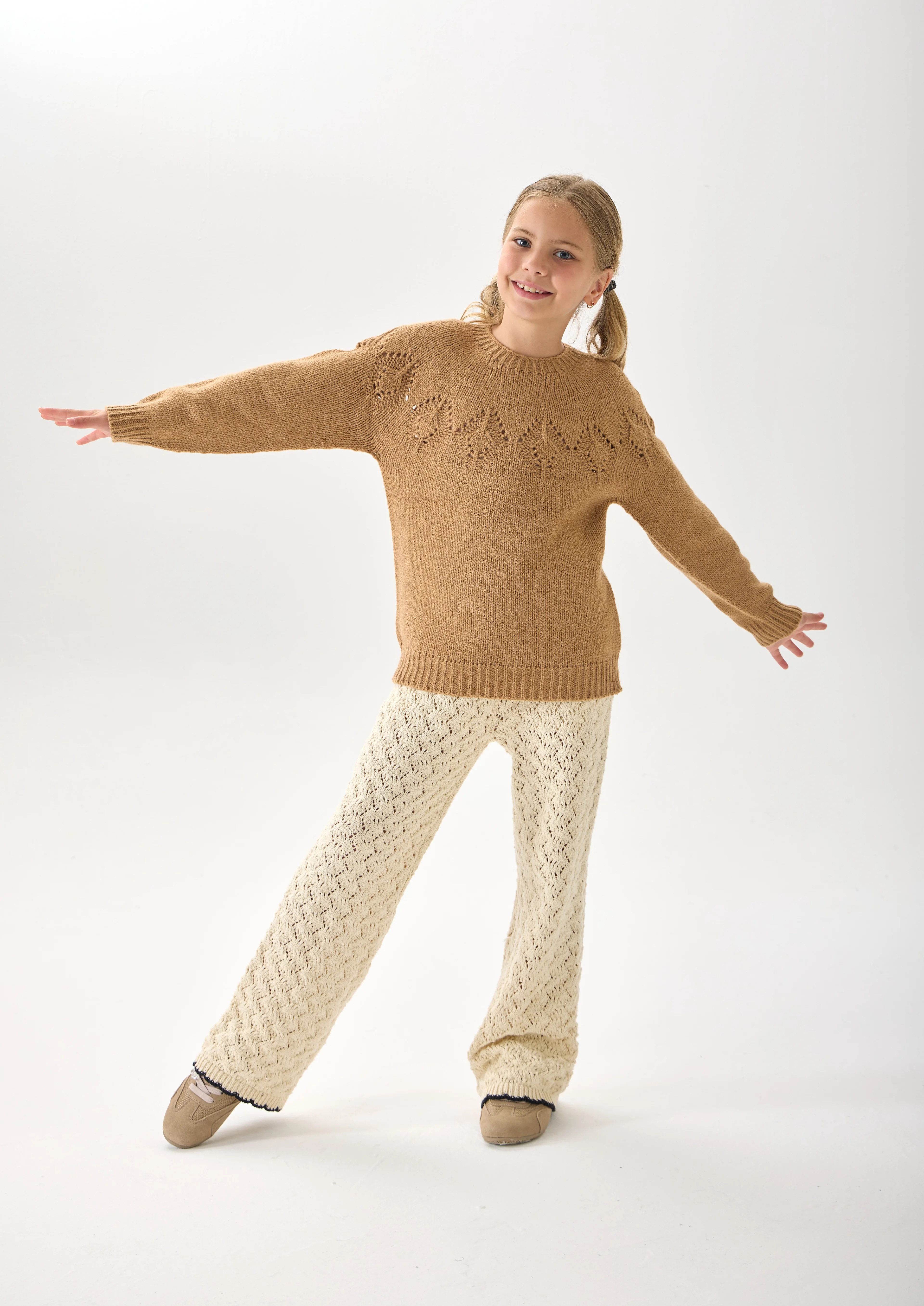 Kız Çocuk Triko Kazak - Bisiklet Yaka ve Uzun Kollu Günlük Model - Camel