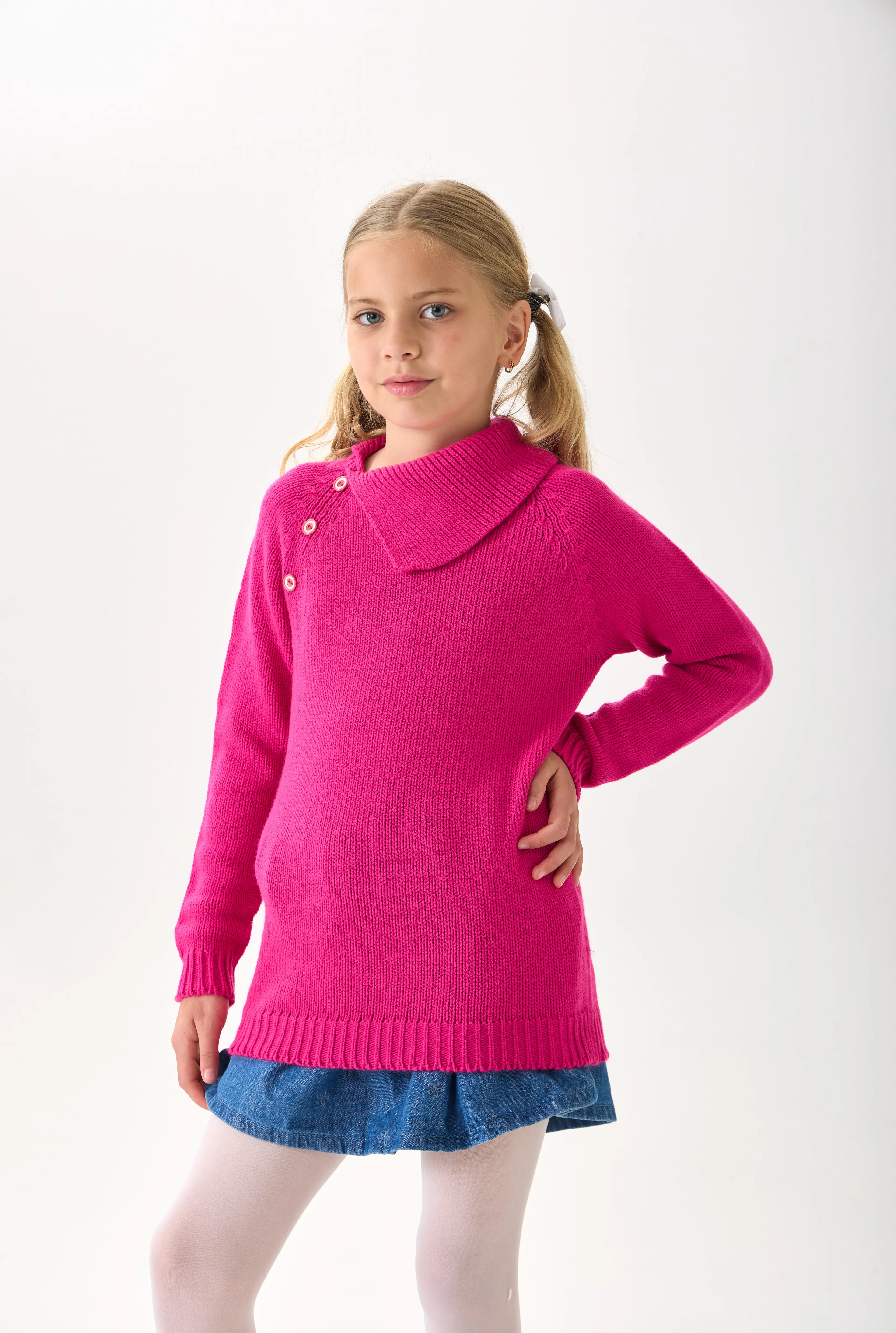 Kız Çocuk Triko Kazak - Düğme Detaylı Geniş Yaka ve Uzun Kollu Model - Pembe