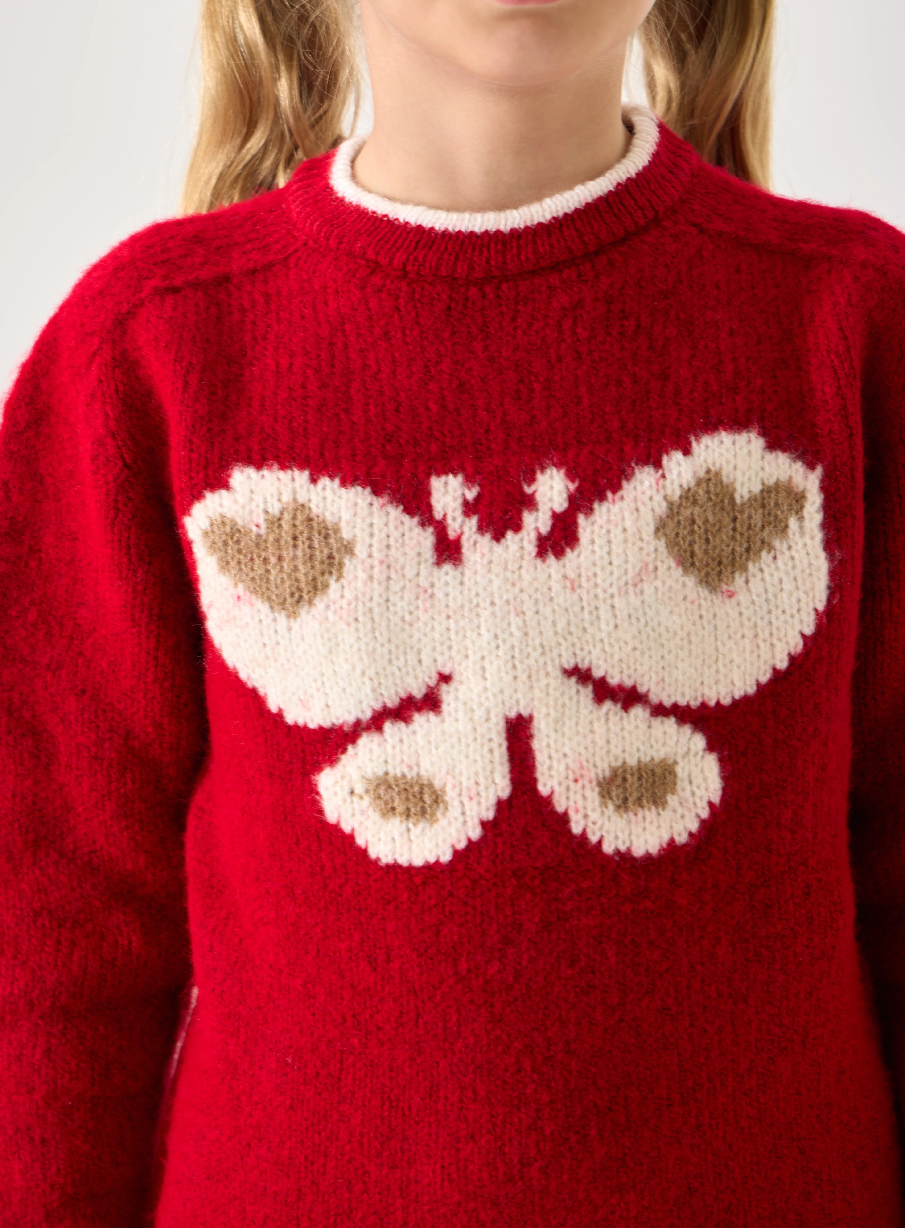  Kelebek Desenli Kız Çocuk Triko Kazak - Yumuşak Dokulu - Kırmızı