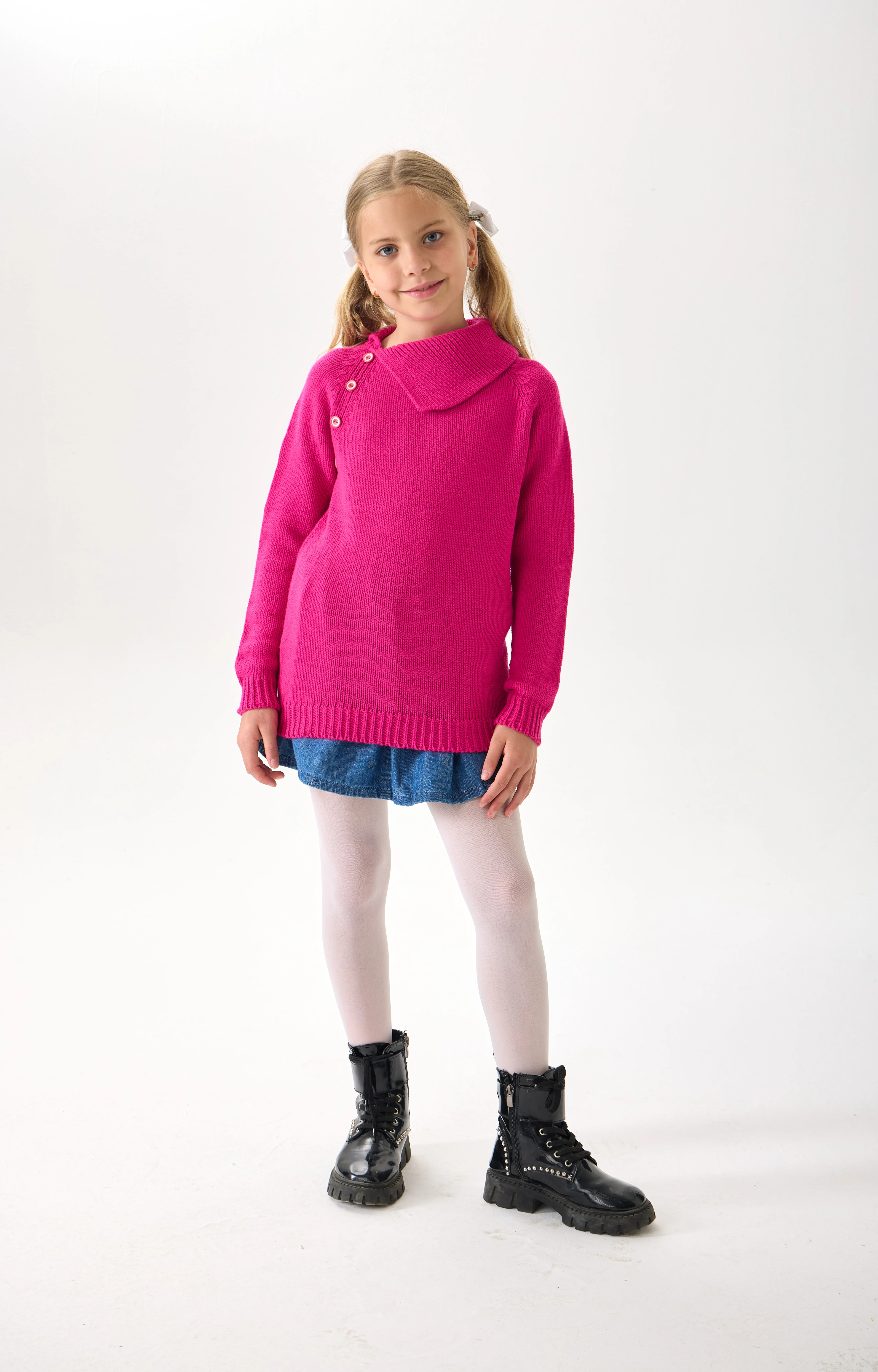 Kız Çocuk Triko Kazak - Düğme Detaylı Geniş Yaka ve Uzun Kollu Model - Pembe