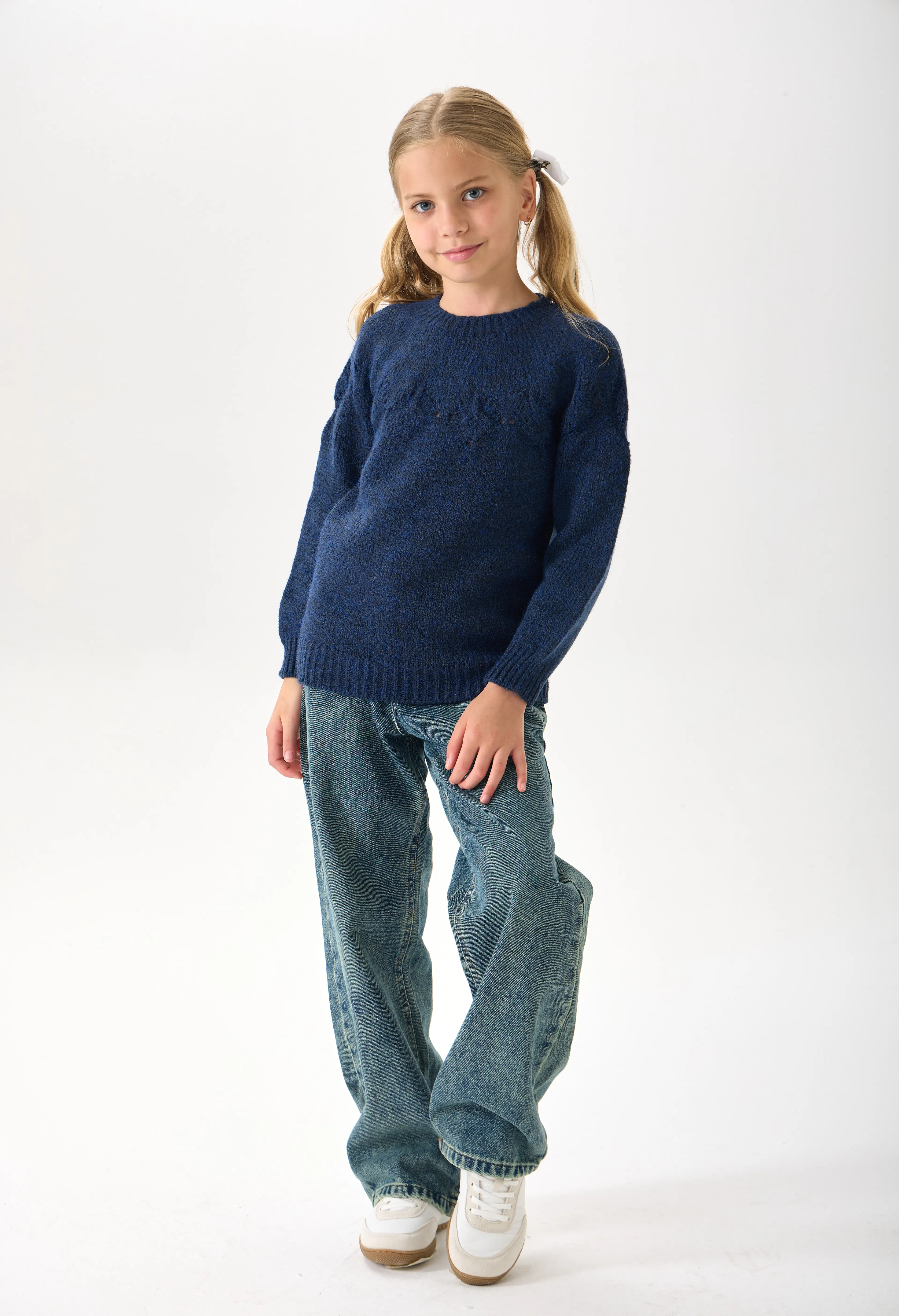 Kız Çocuk Triko Kazak - Bisiklet Yaka ve Uzun Kollu Günlük Model - Lacivert