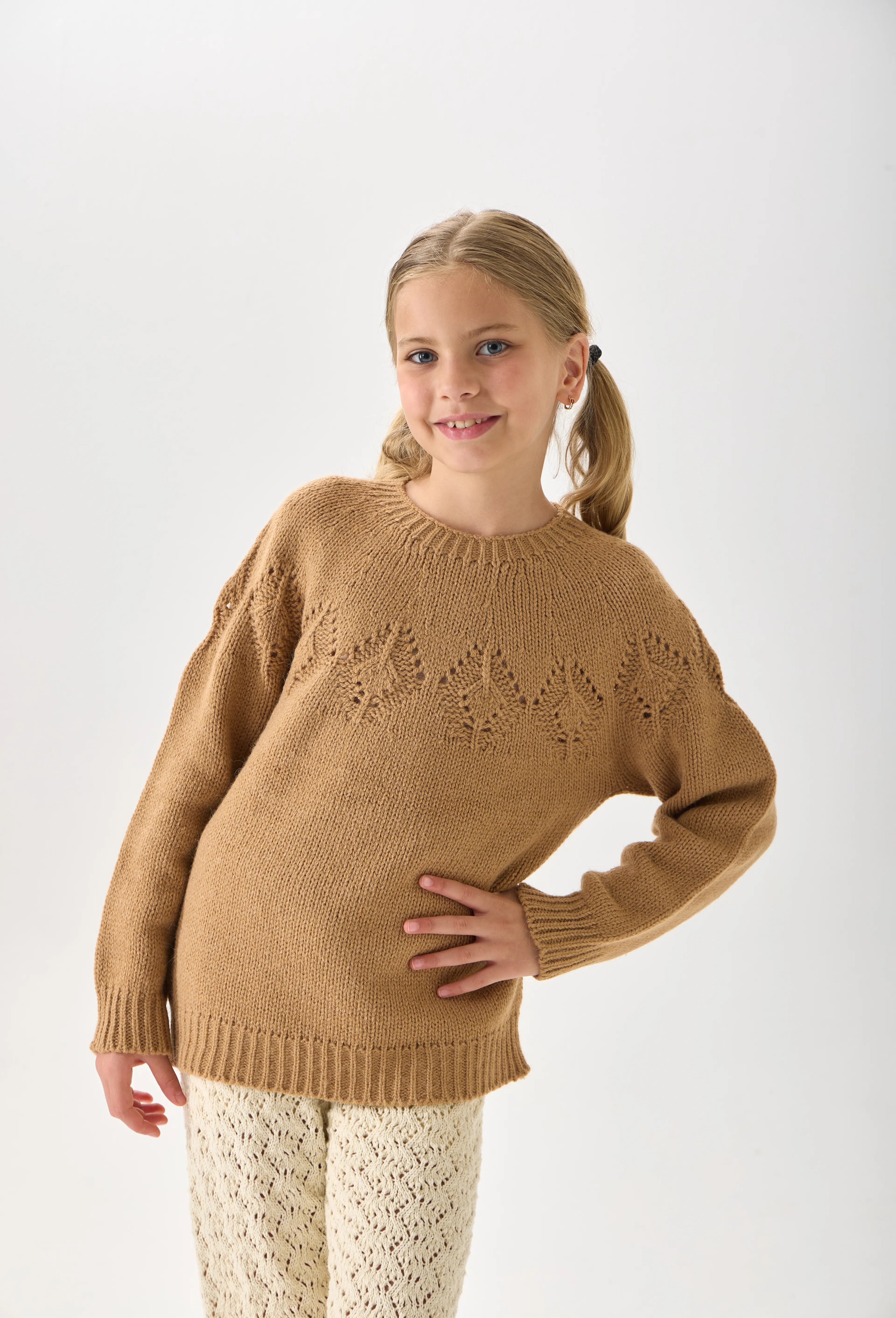 Kız Çocuk Triko Kazak - Bisiklet Yaka ve Uzun Kollu Günlük Model - Camel