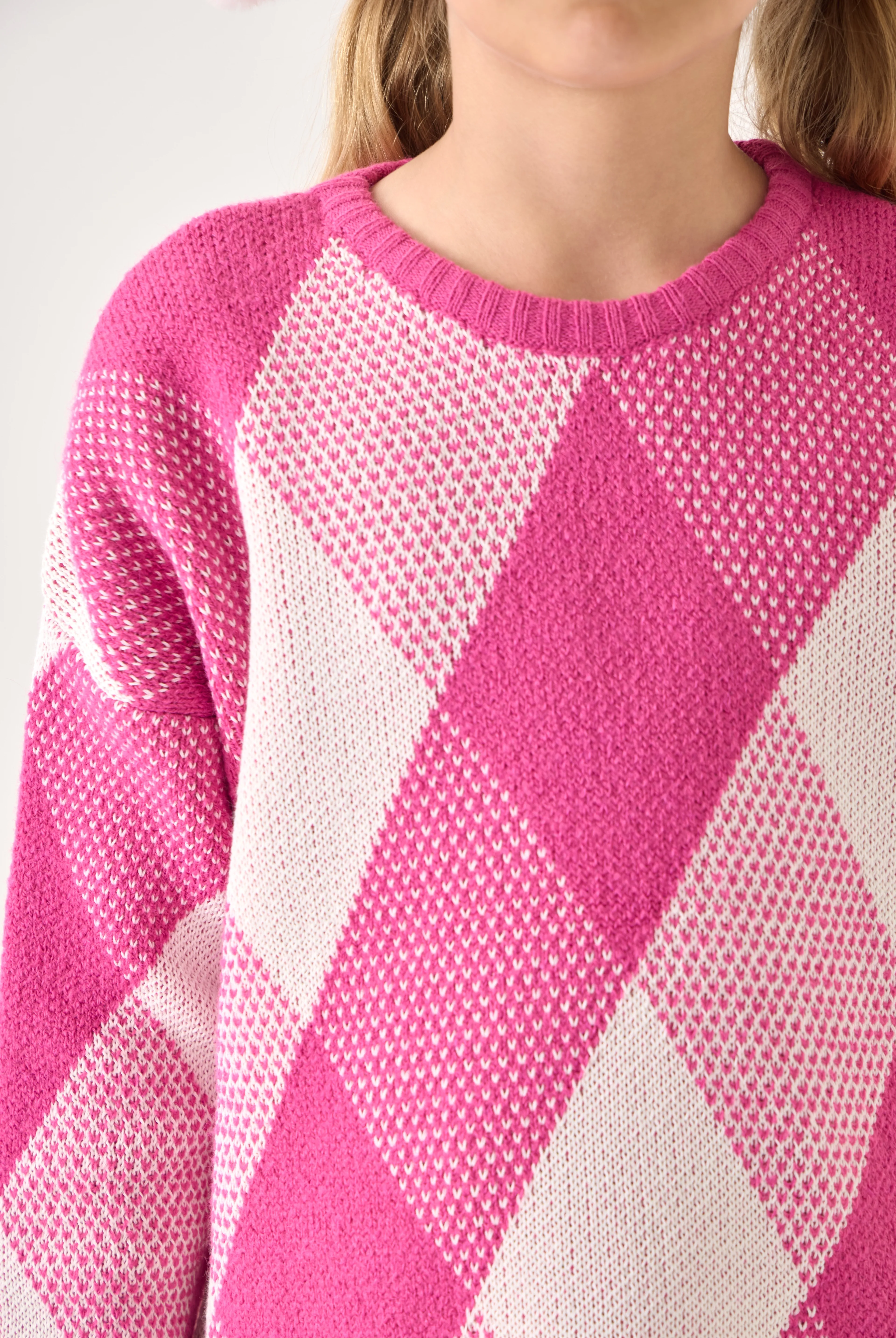 Kız Çocuk Triko Kazak – Baklava Desenli / Uzun Kollu / Bisiklet Yaka - Pembe