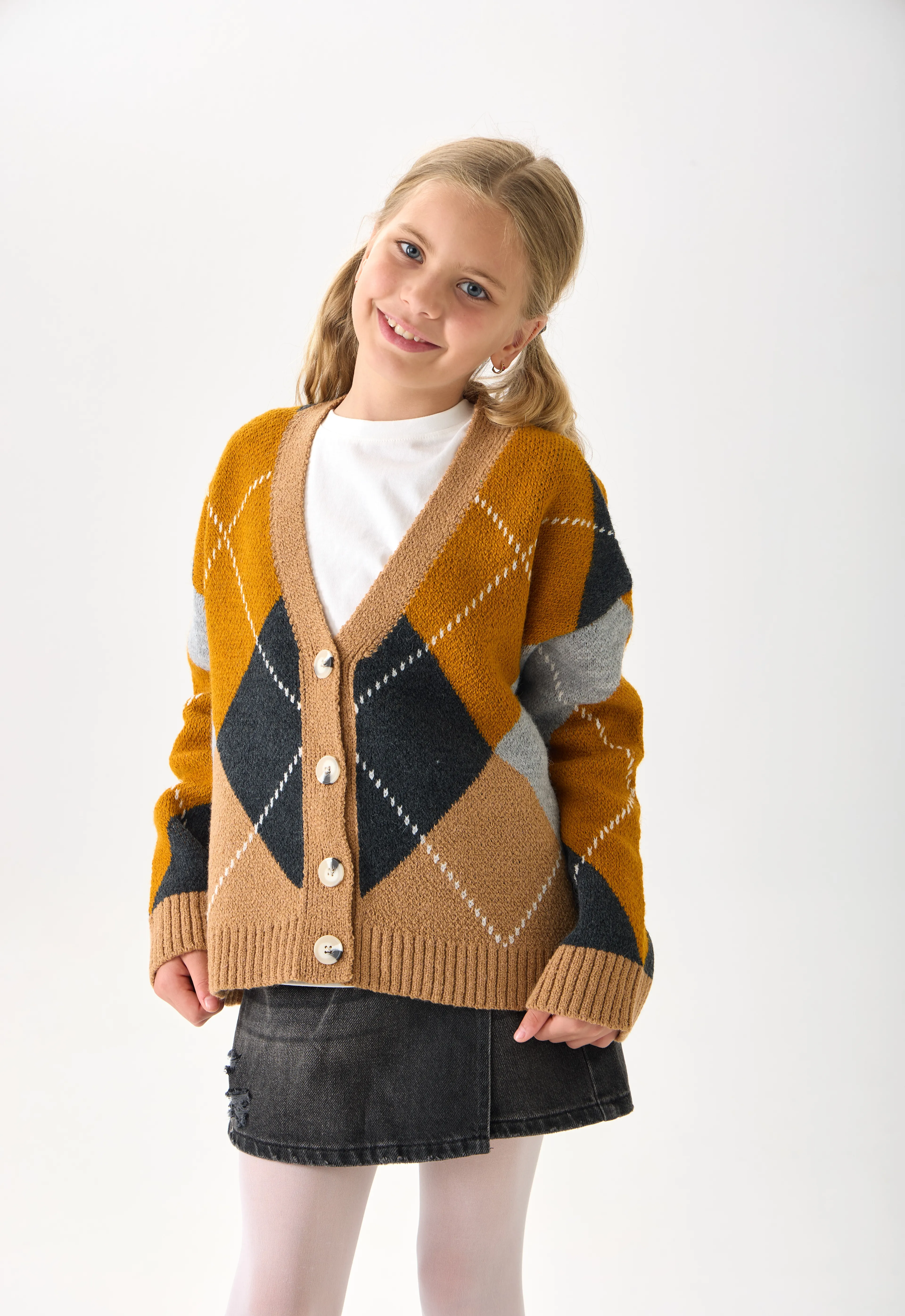 Kız Çocuk Triko Hırka - Düğmeli ve Uzun Kollu - Kum