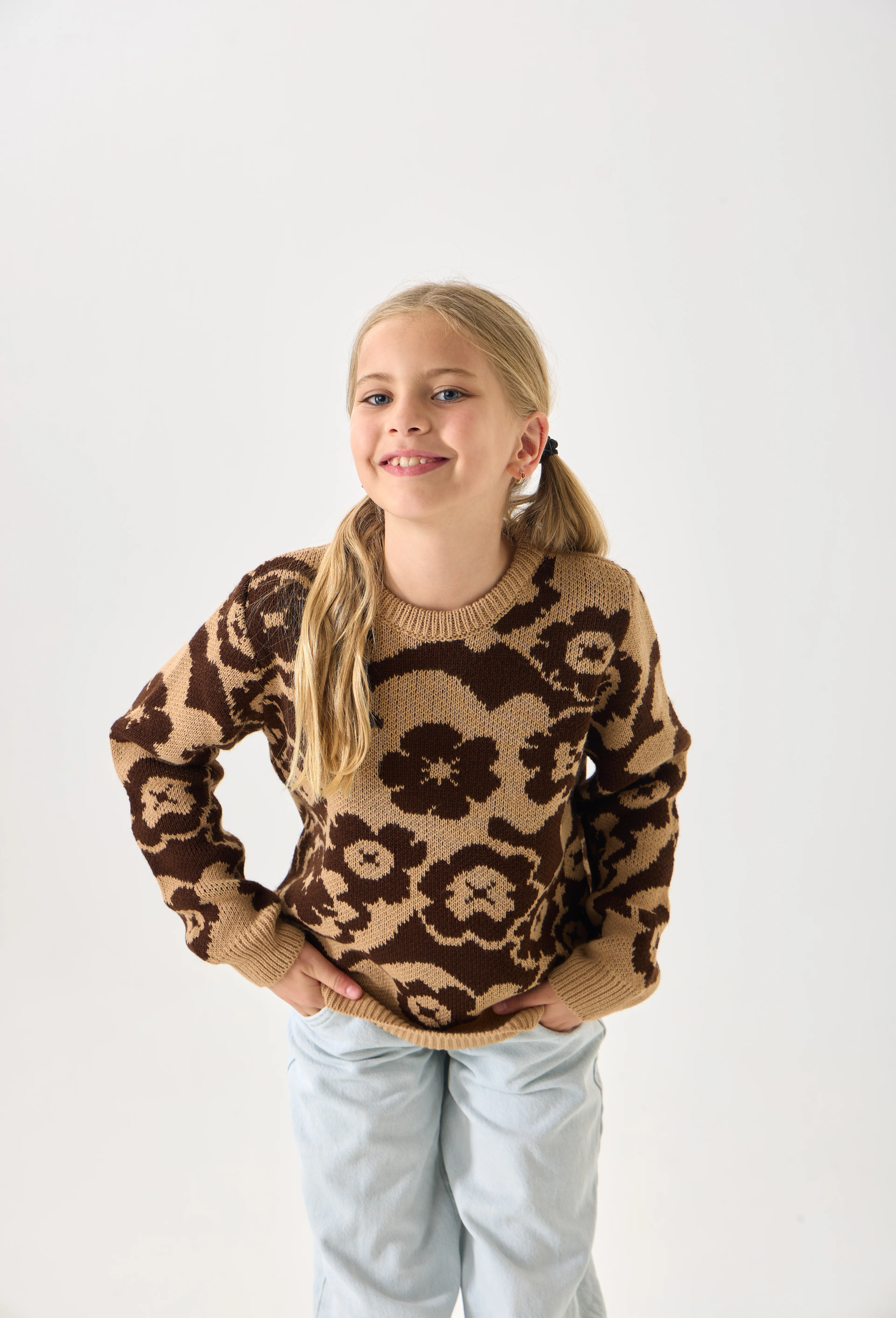 Çiçek Desenli Kız Çocuk Kazak Triko - Coconut