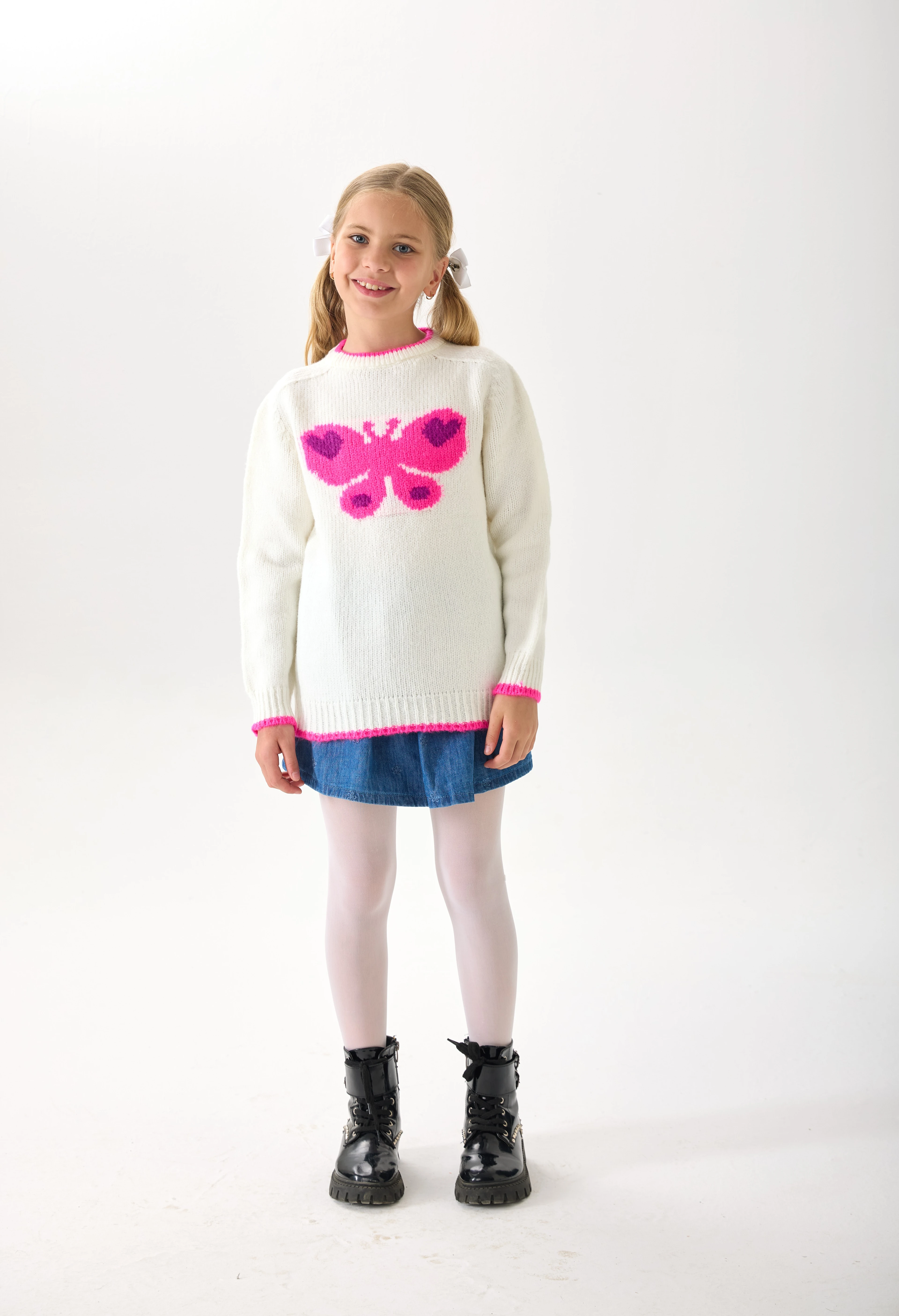  Kelebek Desenli Kız Çocuk Triko Kazak - Yumuşak Dokulu - Ekru