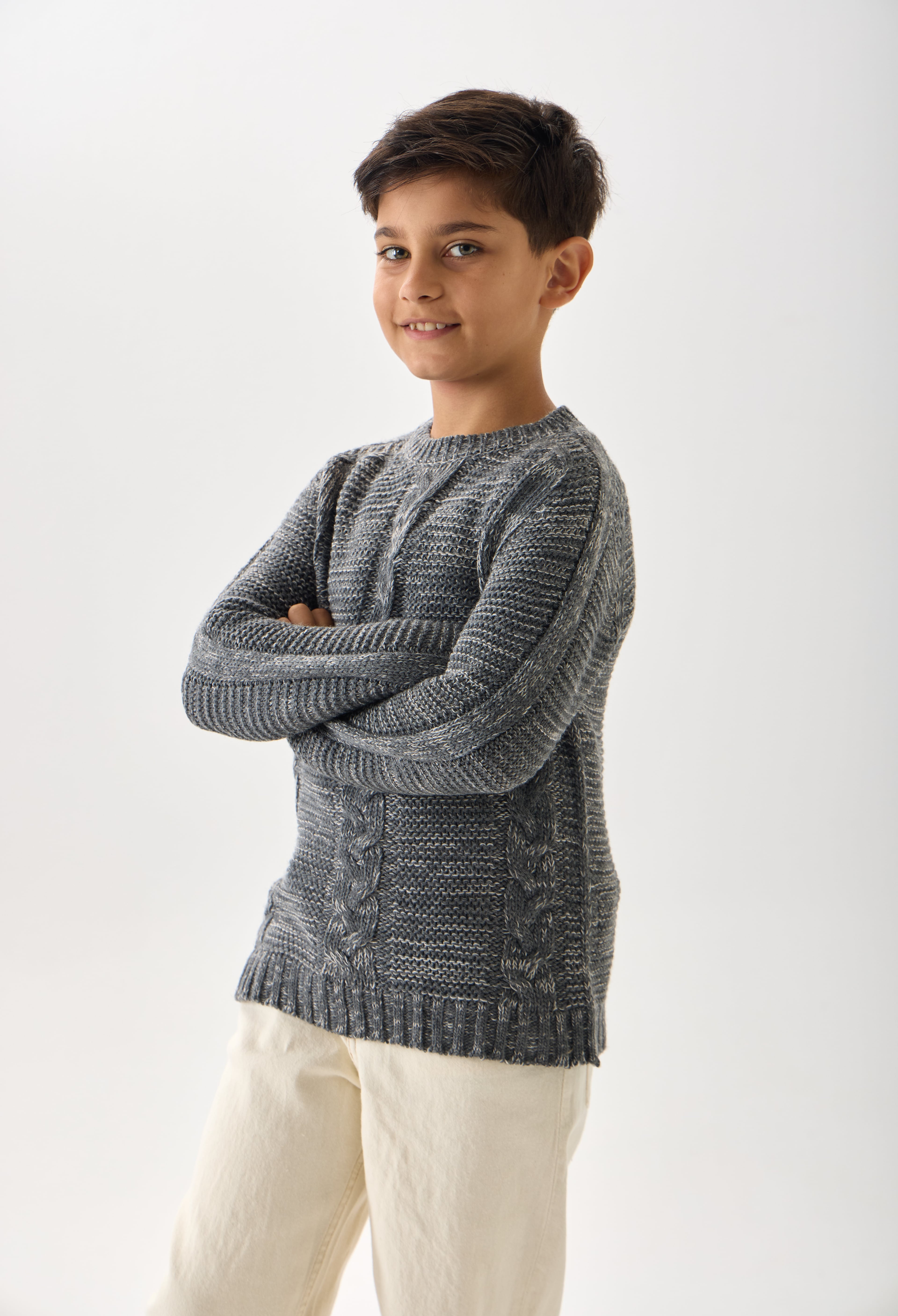 Erkek Çocuk Triko Kazak – Bisiklet Yaka ve Uzun Kollu Günlük Model - Antrasit