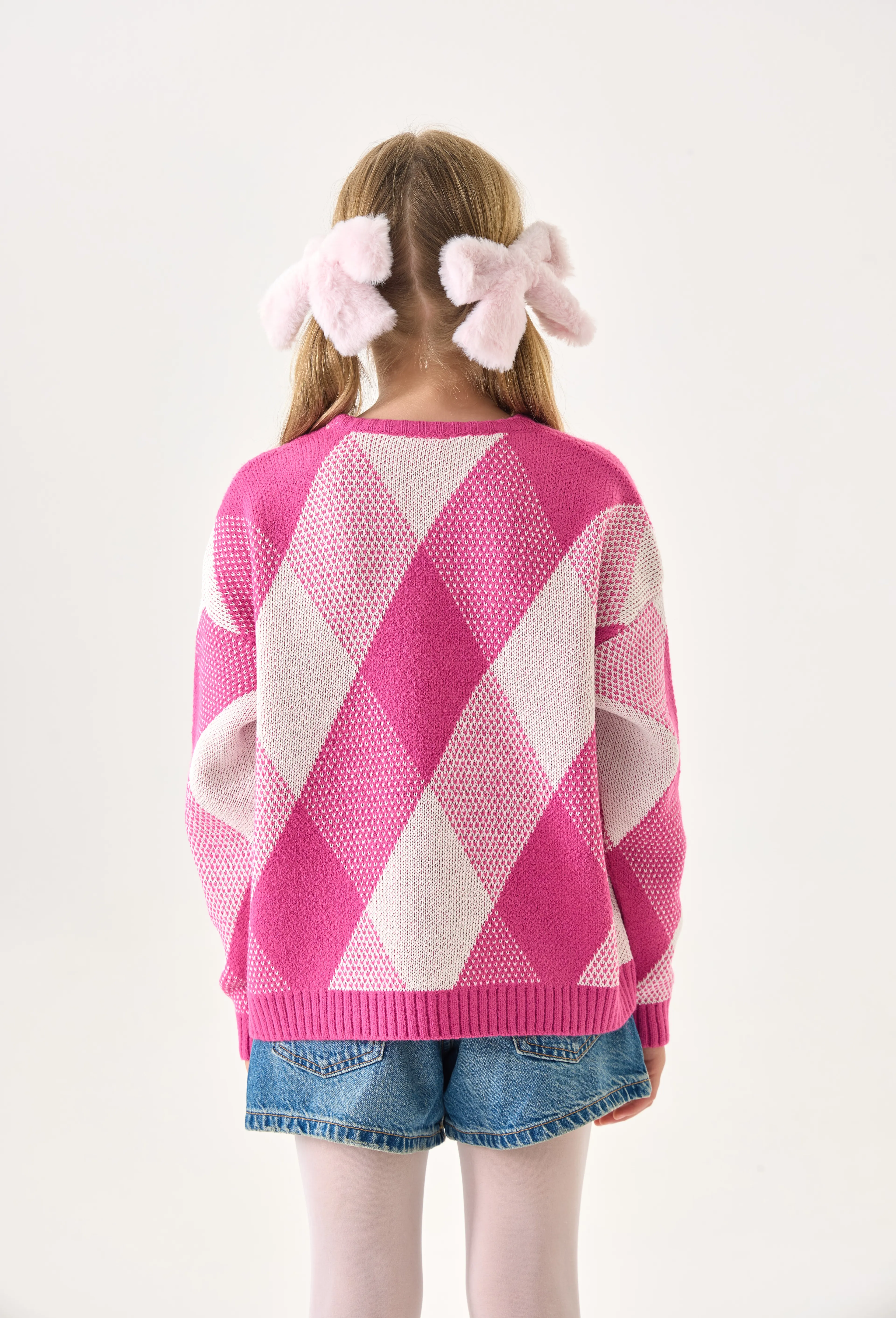 Kız Çocuk Triko Kazak – Baklava Desenli / Uzun Kollu / Bisiklet Yaka - Pembe