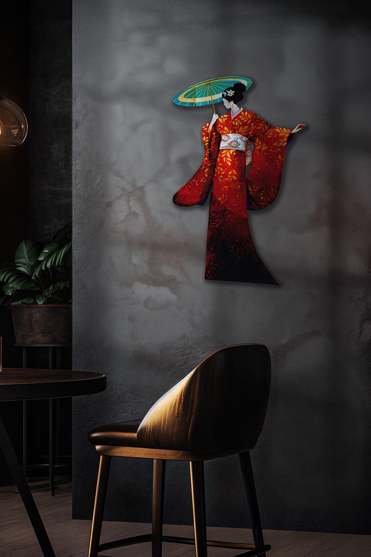Geisha Japon Sanat Tasarımlı Metal Duvar Dekoru – Kırmızı Kimono Figürü