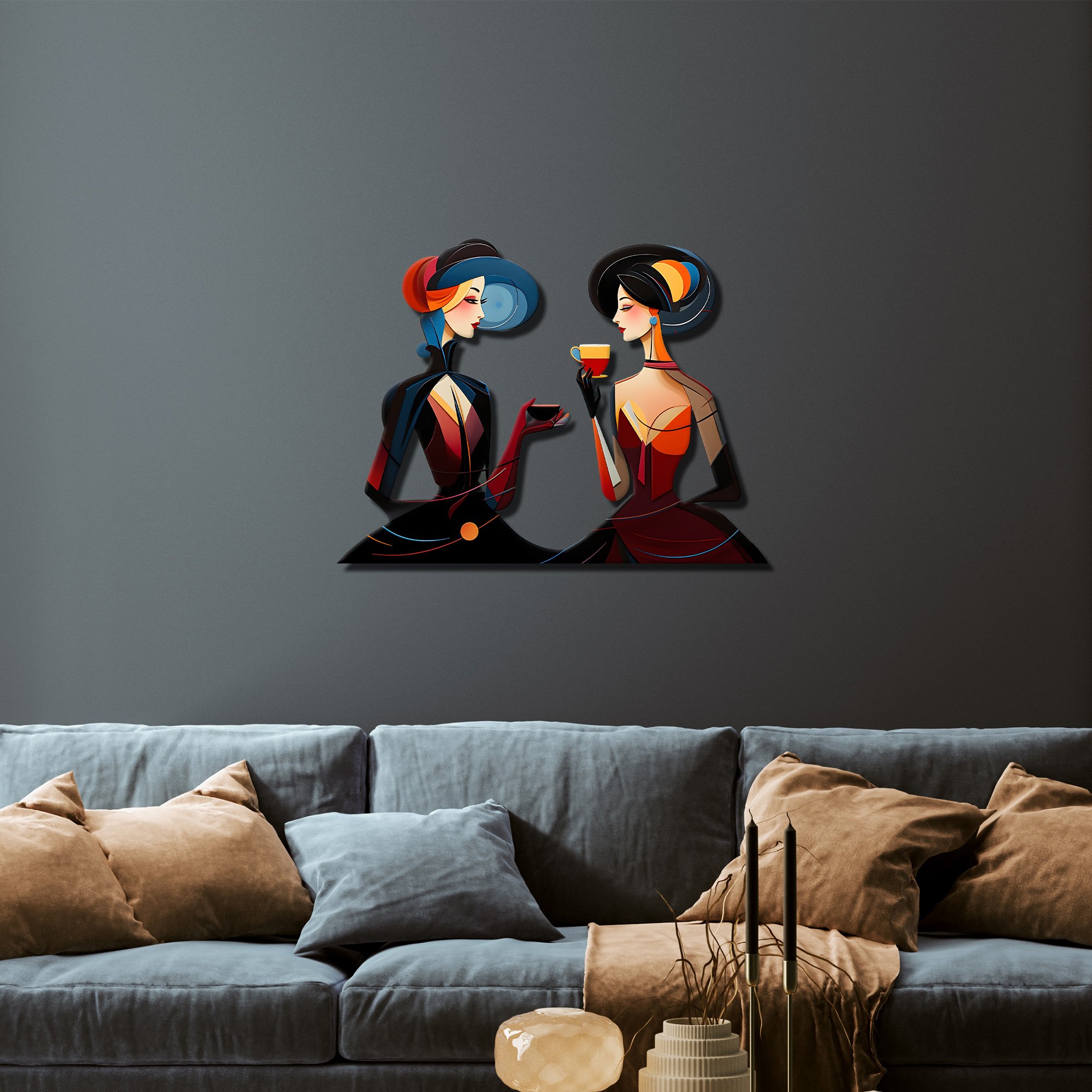 Kahve İçen Kadınlar Renkli Metal Tablo - Kandinsky Tarzı