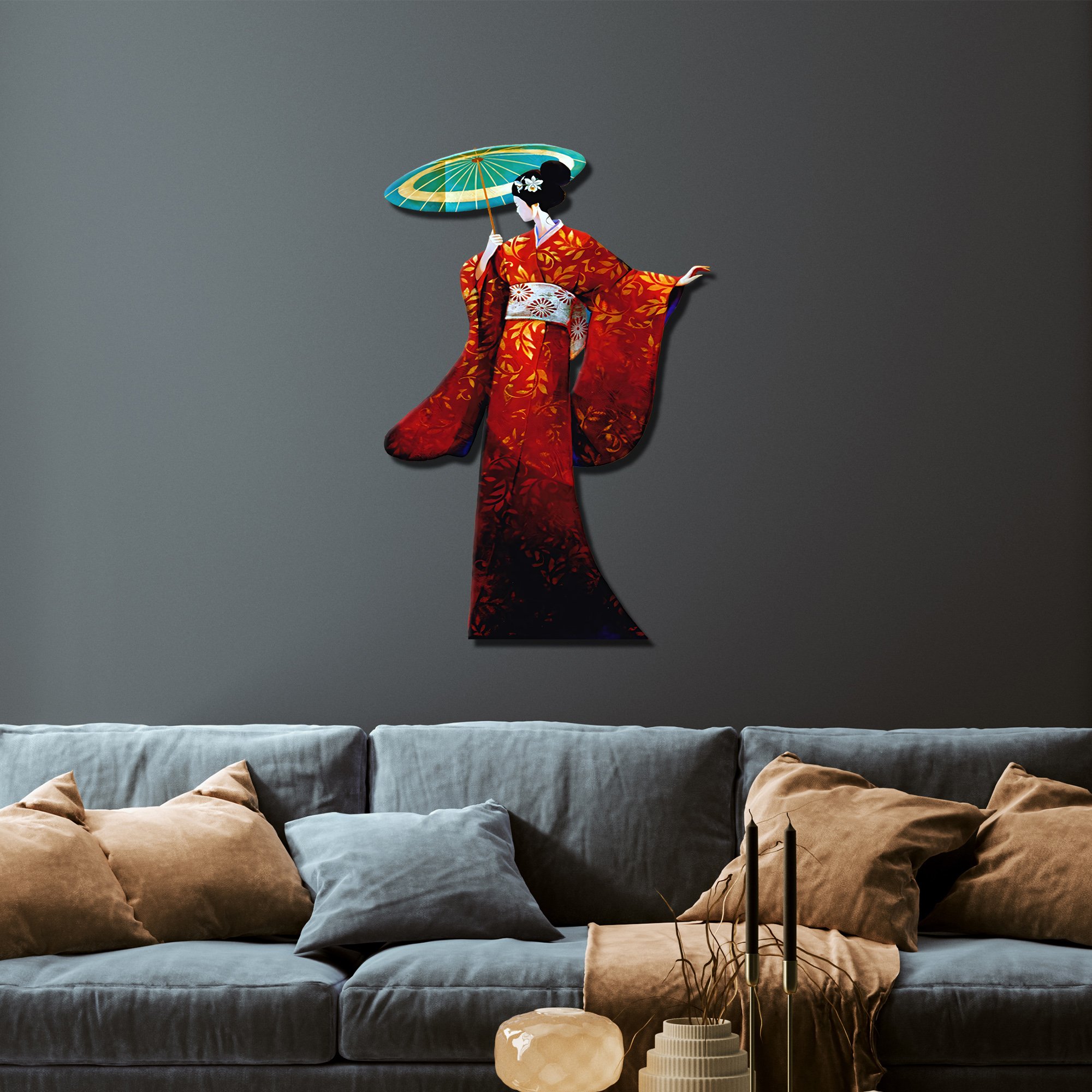 Geisha Japon Sanat Tasarımlı Metal Duvar Dekoru – Kırmızı Kimono Figürü