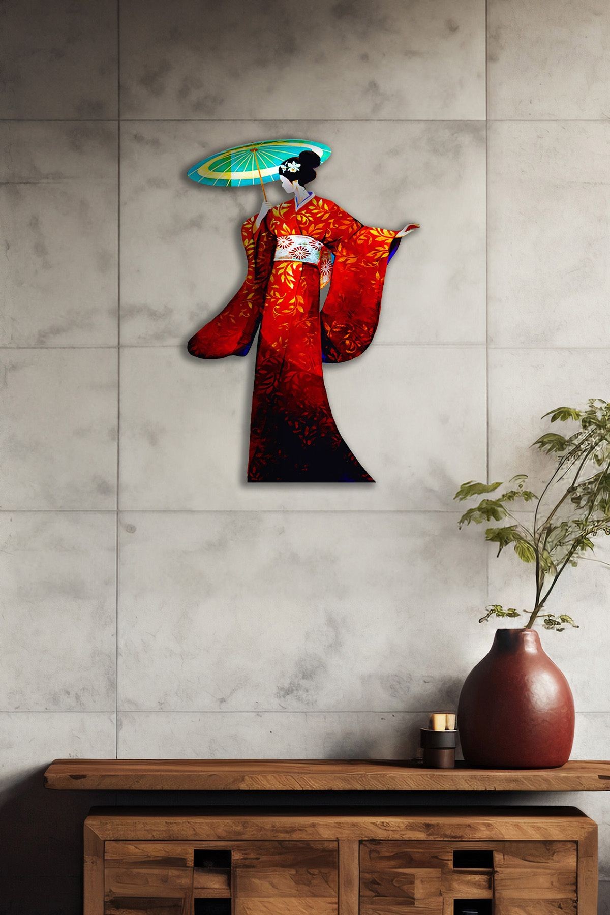 Geisha Japon Sanat Tasarımlı Metal Duvar Dekoru – Kırmızı Kimono Figürü