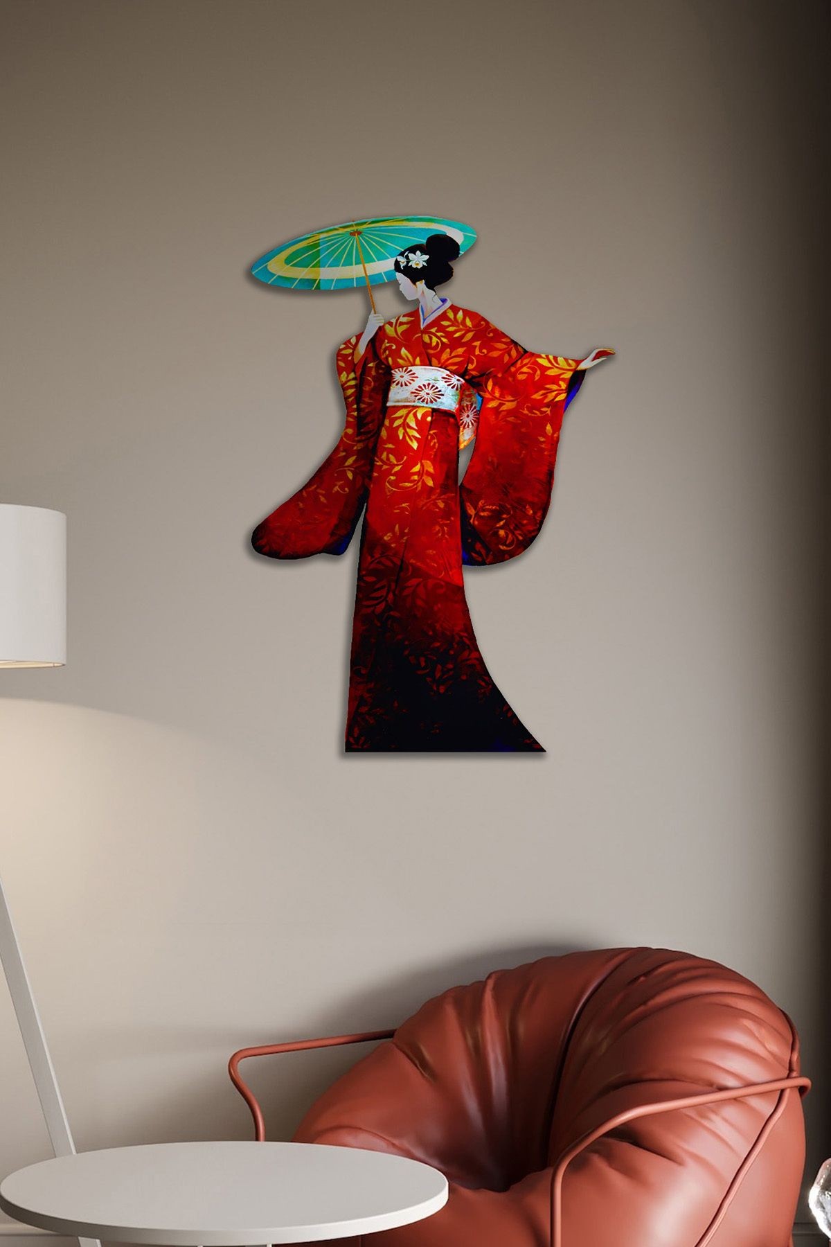 Geisha Japon Sanat Tasarımlı Metal Duvar Dekoru – Kırmızı Kimono Figürü