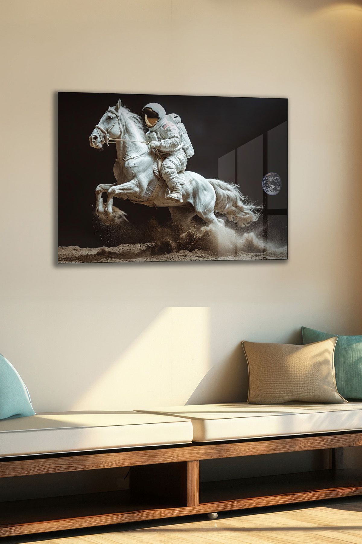 Kozmik Süvari - Astronot ve At Tasarımı Cam Tablo