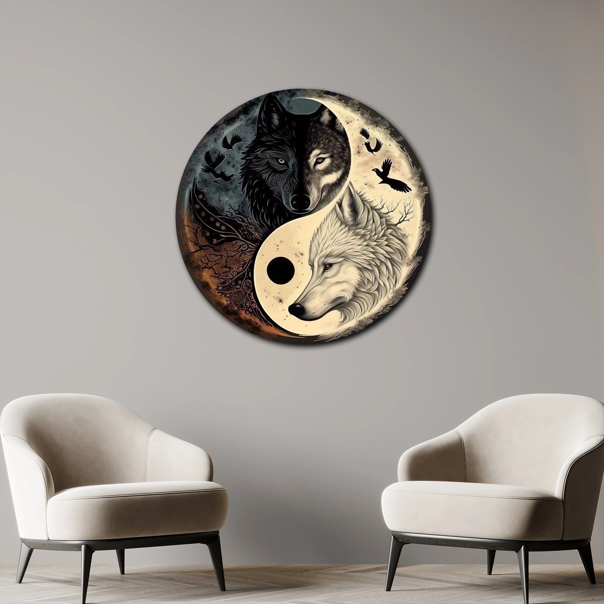 Yin Yang Kurtlar Yuvarlak Metal Tablo