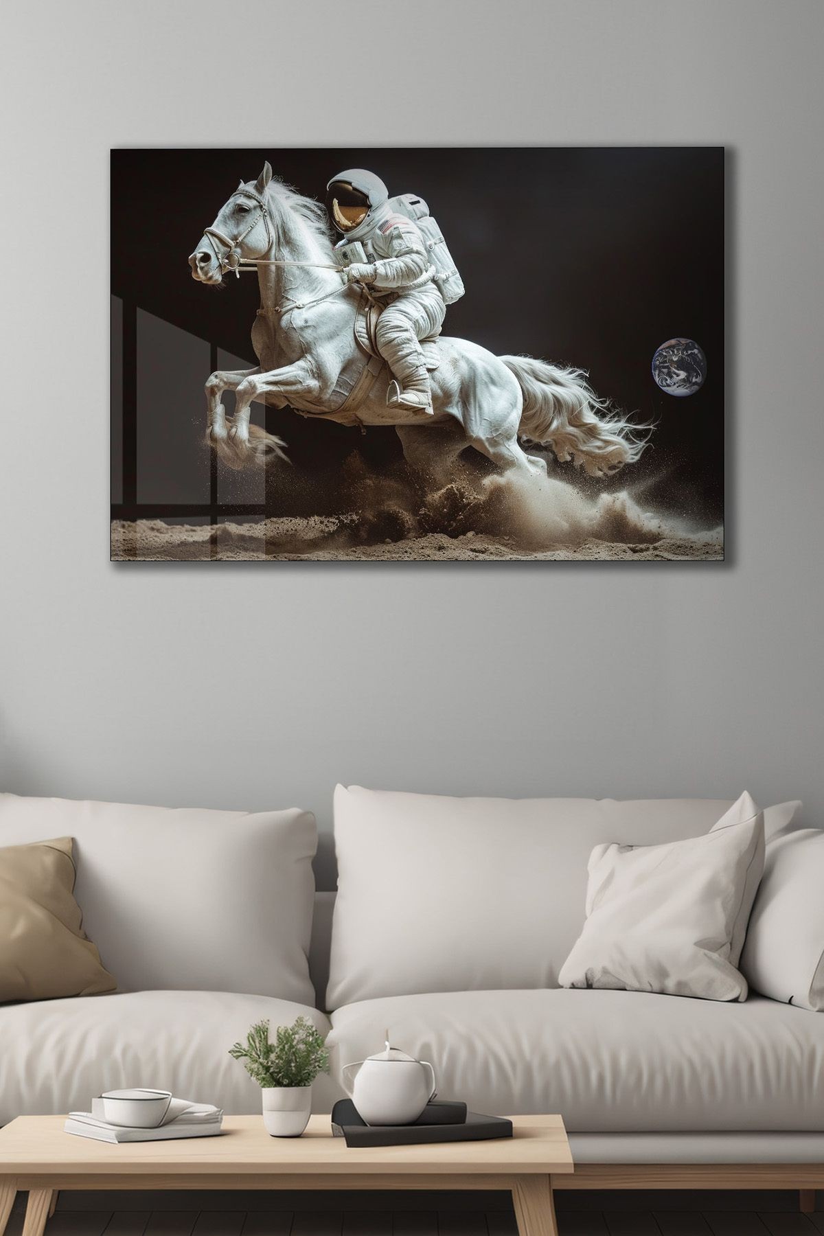 Kozmik Süvari - Astronot ve At Tasarımı Cam Tablo