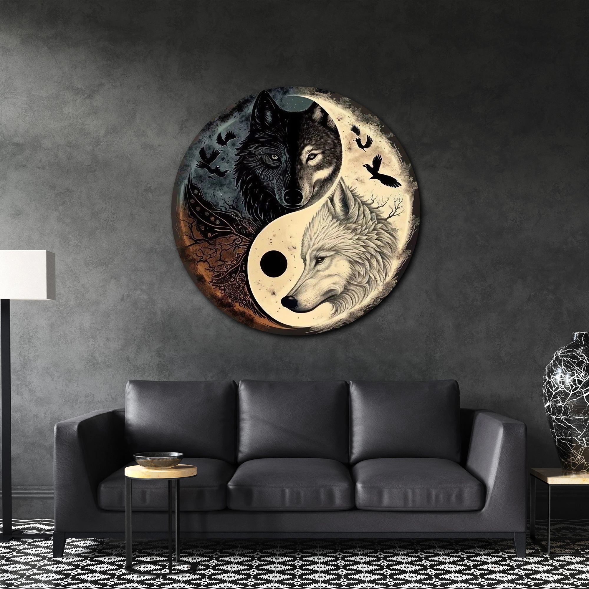 Yin Yang Kurtlar Yuvarlak Metal Tablo