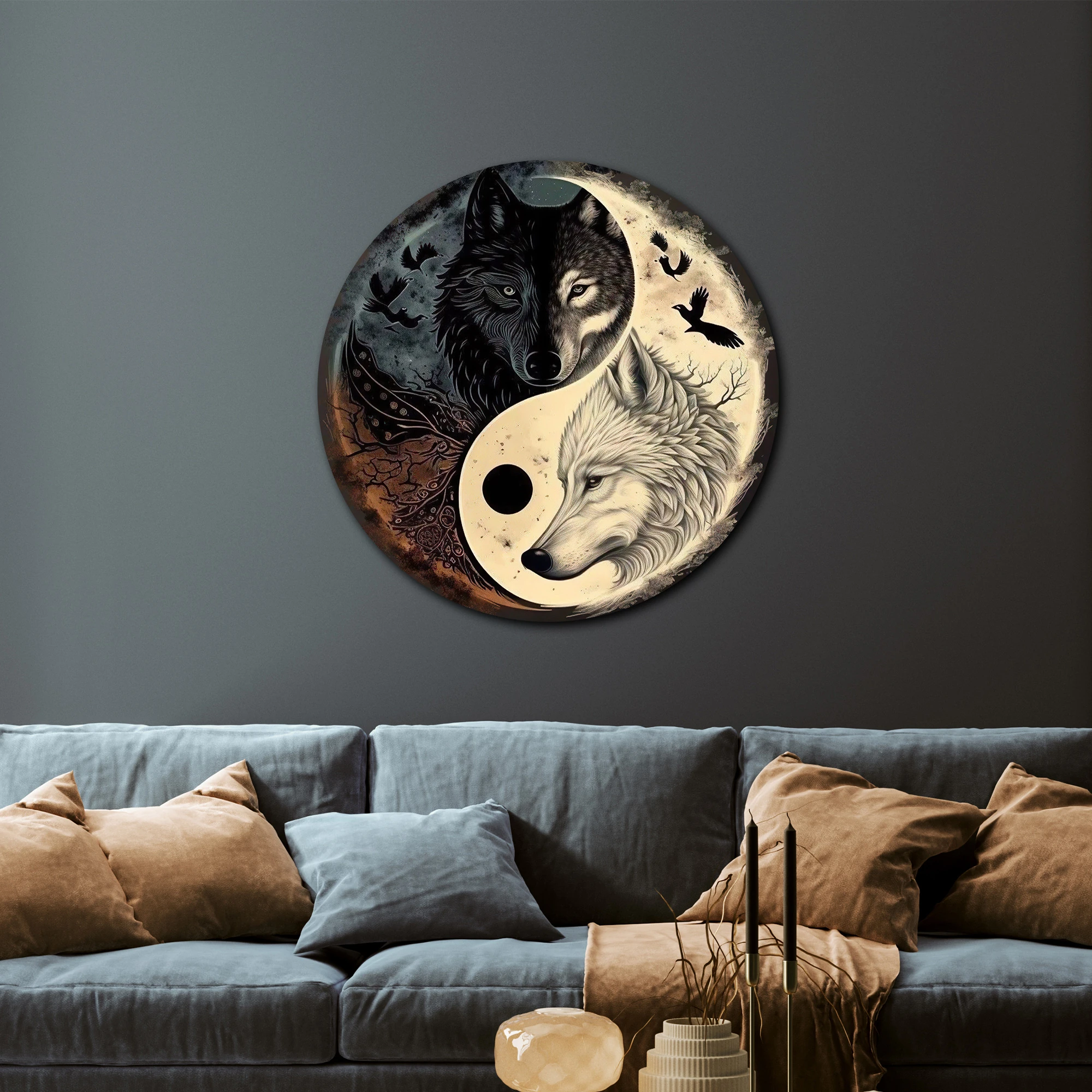 Yin Yang Kurtlar Yuvarlak Metal Tablo