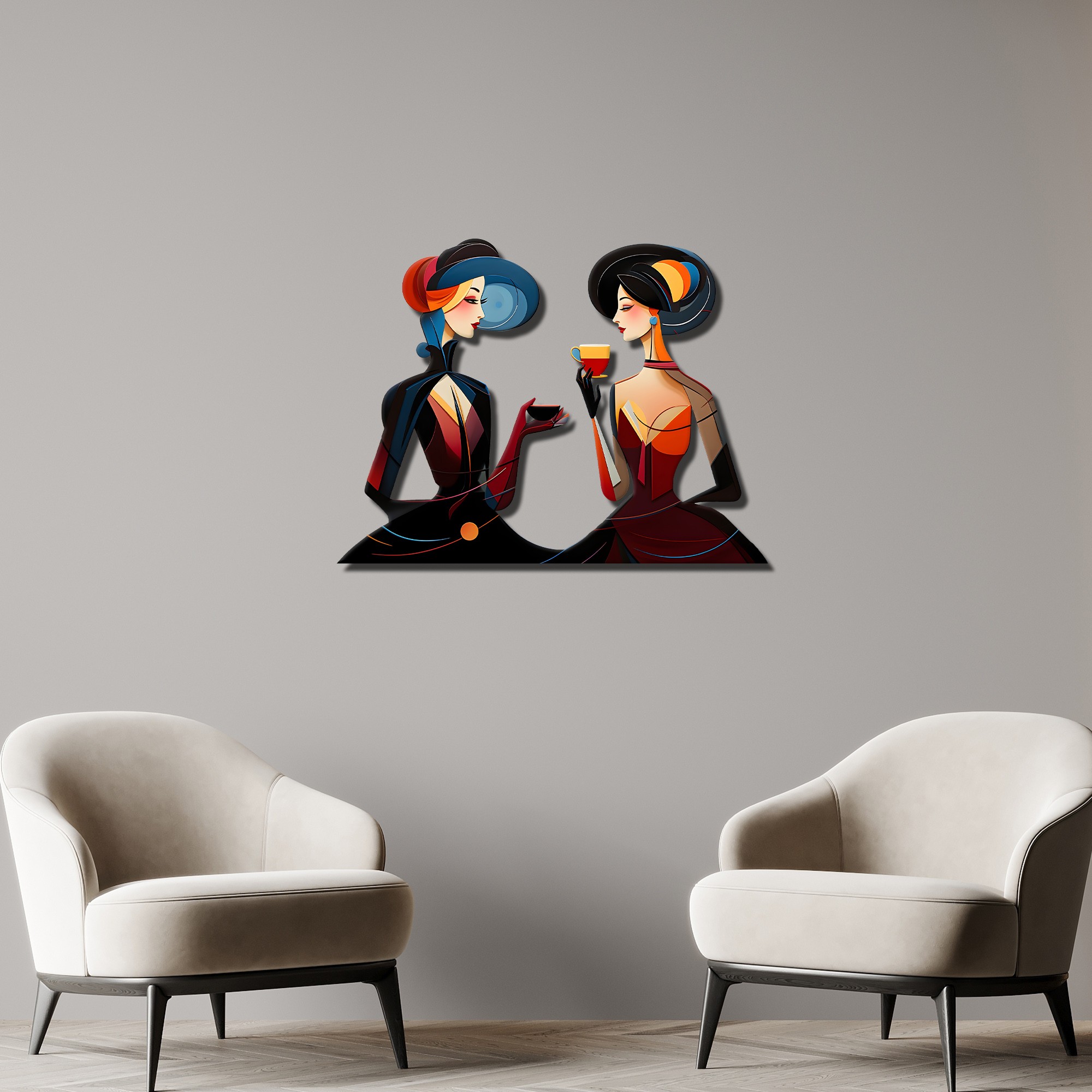 Kahve İçen Kadınlar Renkli Metal Tablo - Kandinsky Tarzı
