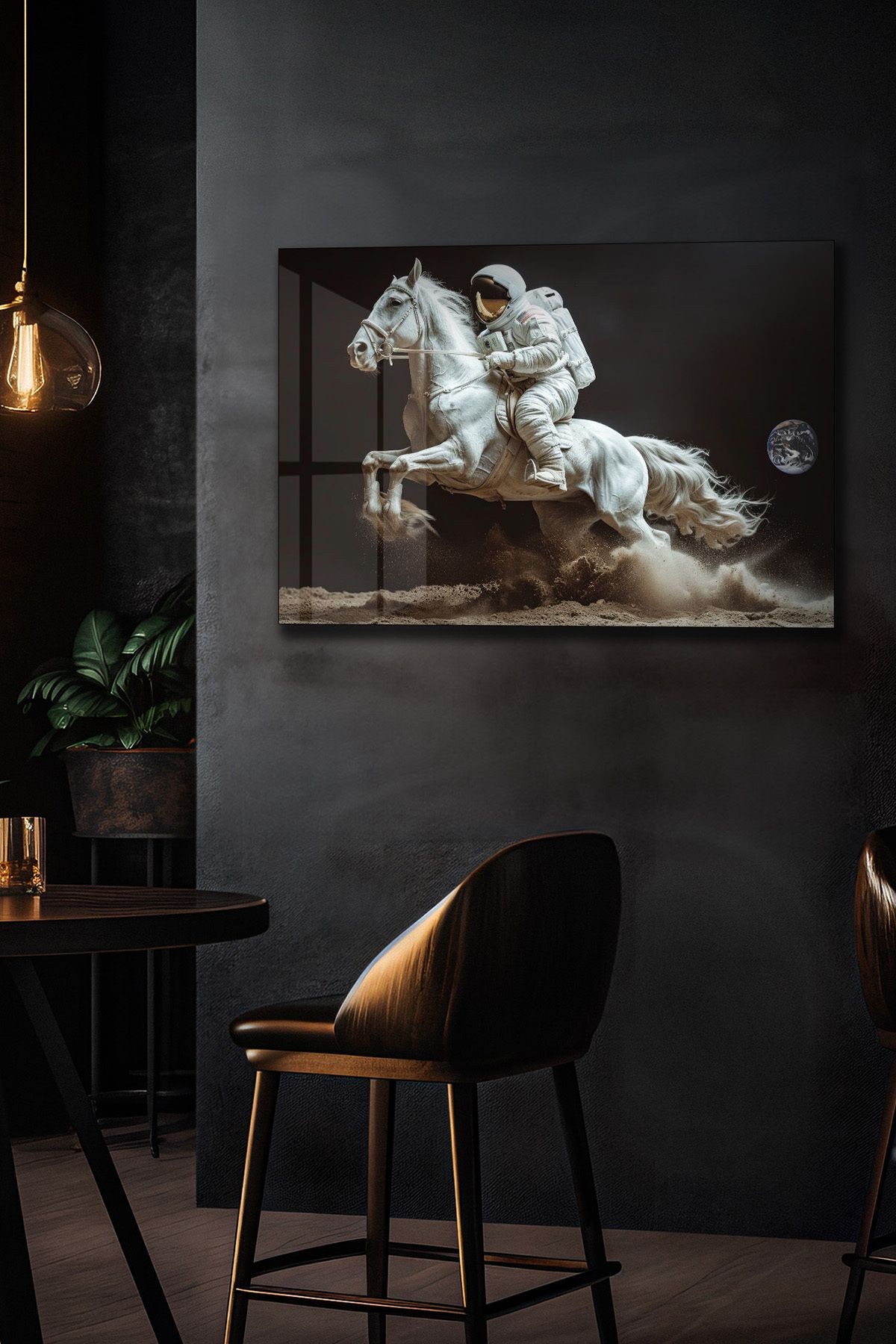 Kozmik Süvari - Astronot ve At Tasarımı Cam Tablo
