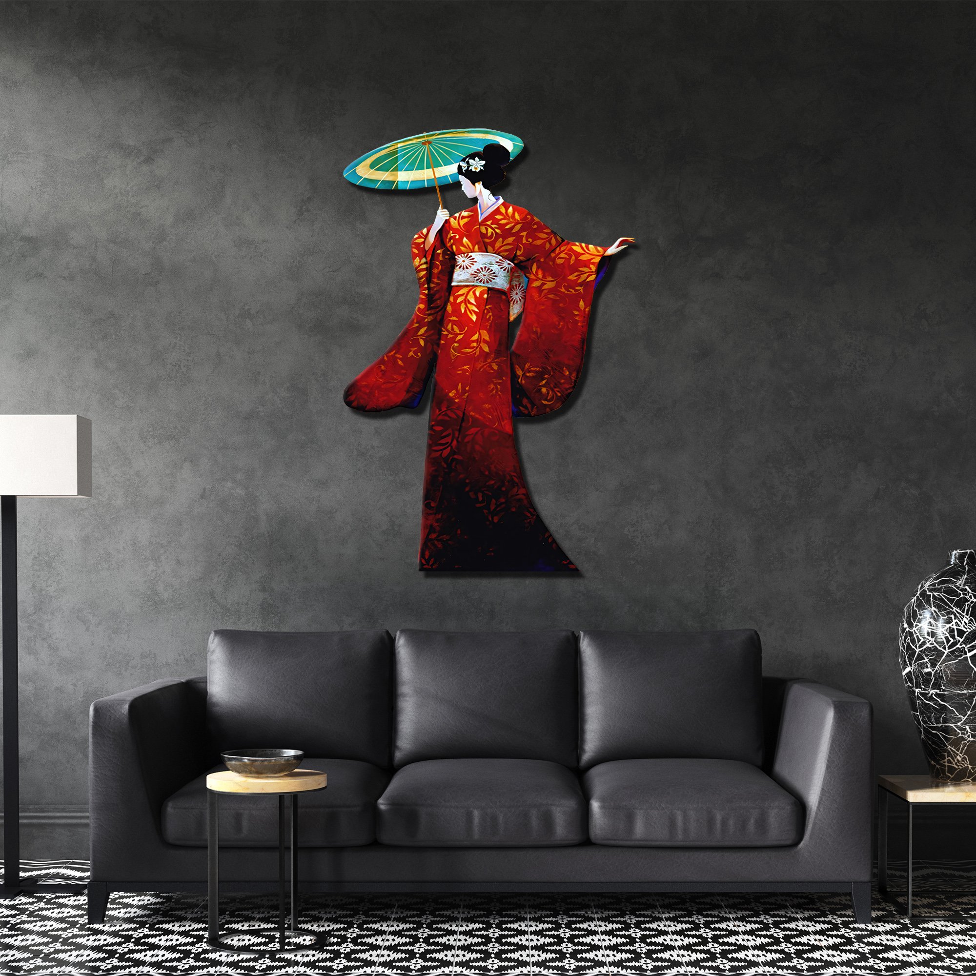Geisha Japon Sanat Tasarımlı Metal Duvar Dekoru – Kırmızı Kimono Figürü