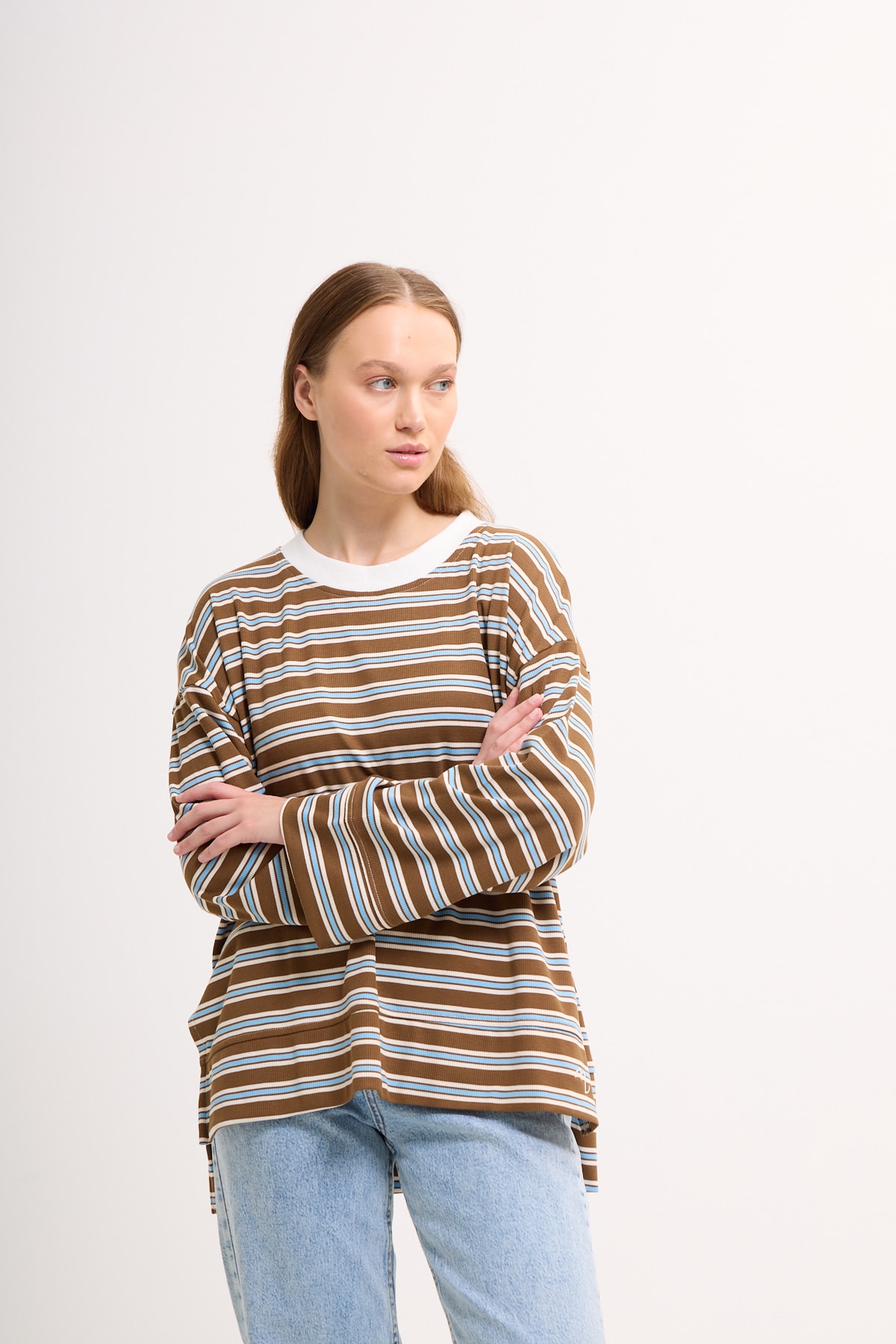 Logolu Çizgili Sweatshirt  - Badem