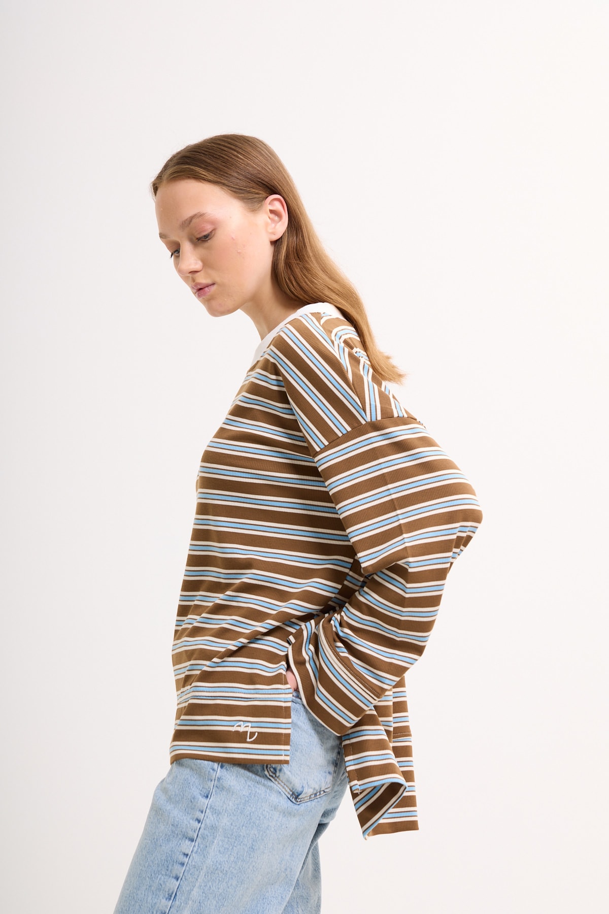 Logolu Çizgili Sweatshirt  - Badem