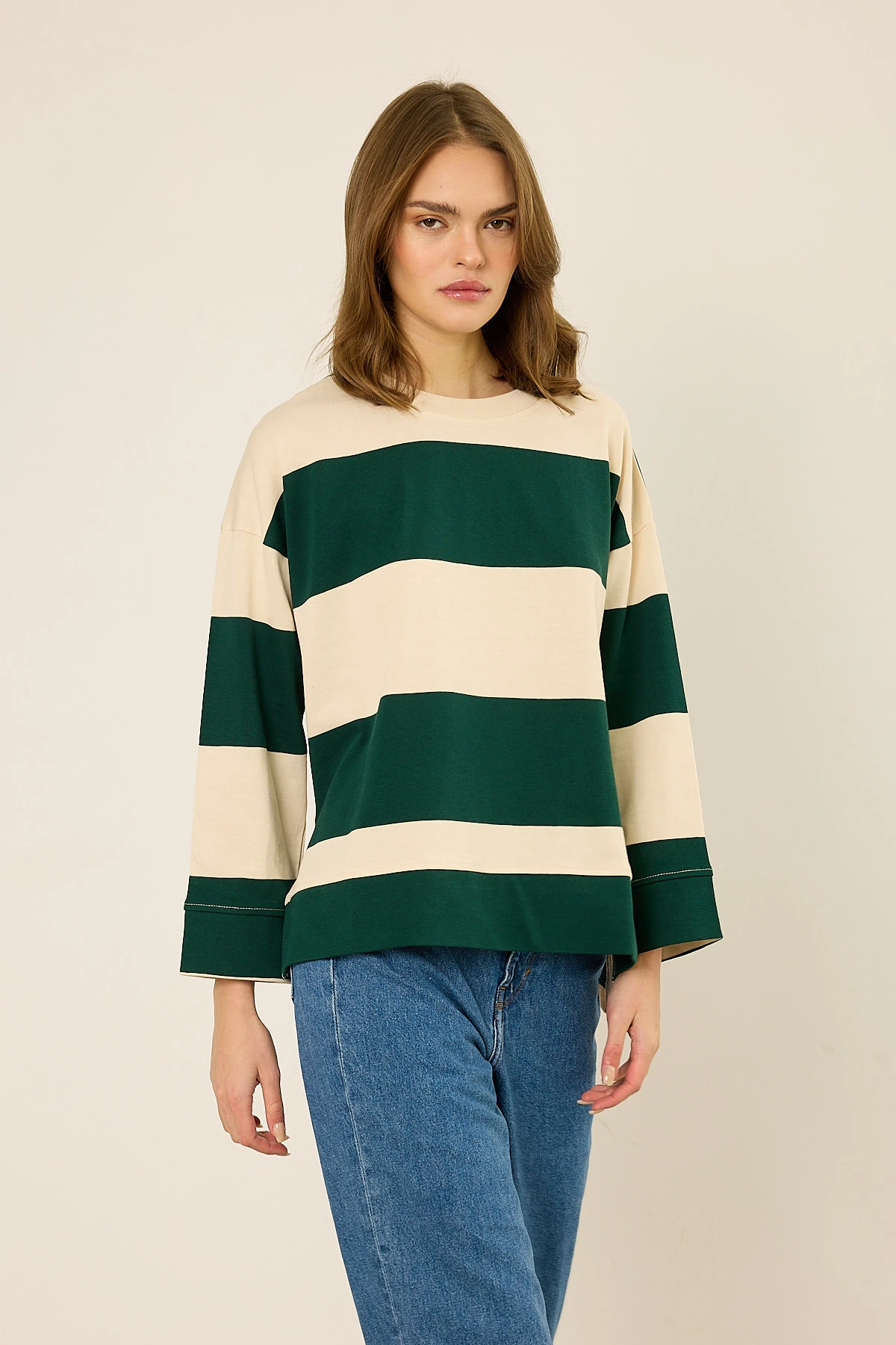 Logolu Çizgili Sweatshirt  - Green