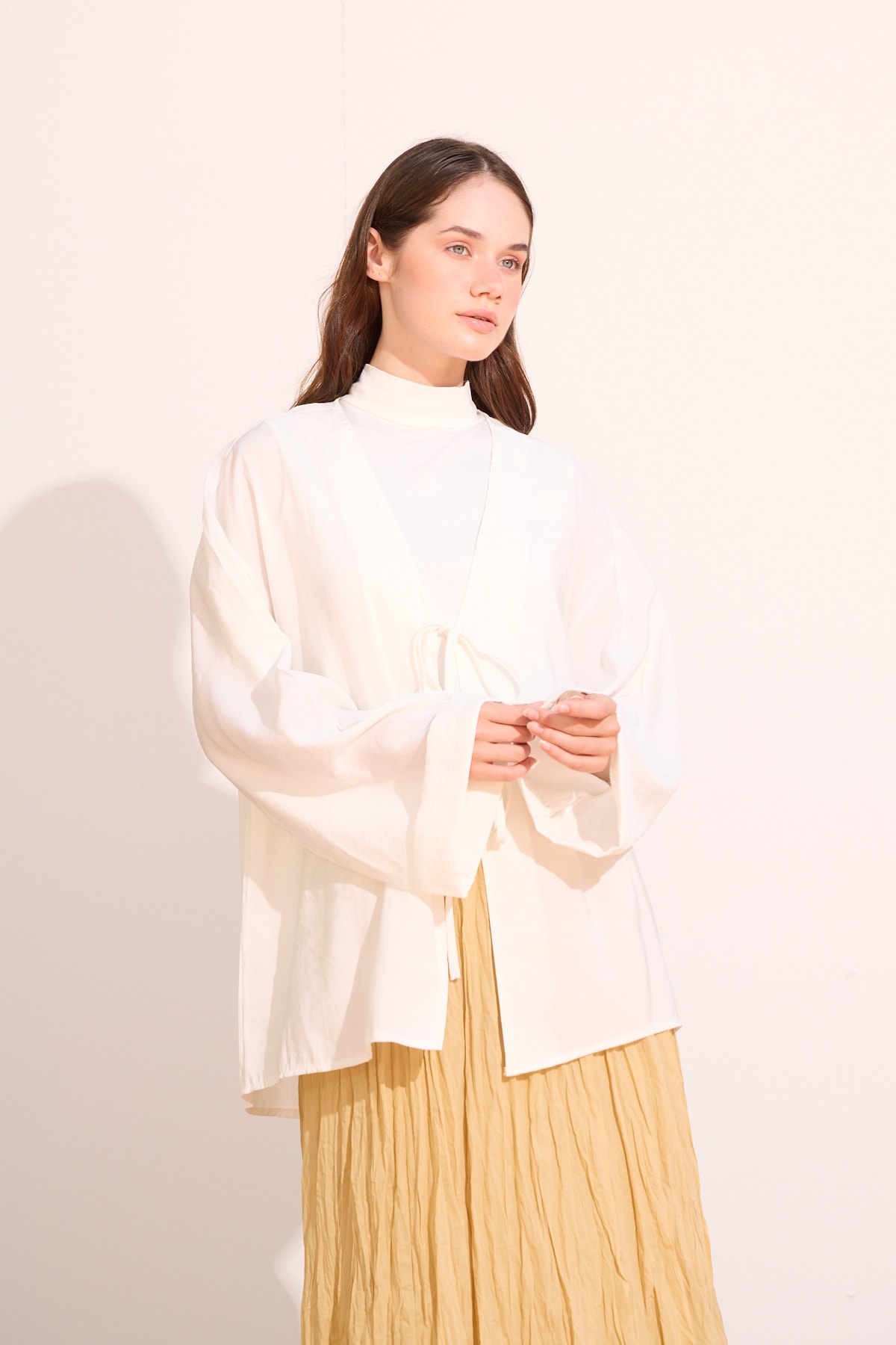 Bağcıklı Kimono Uzun - Beyaz