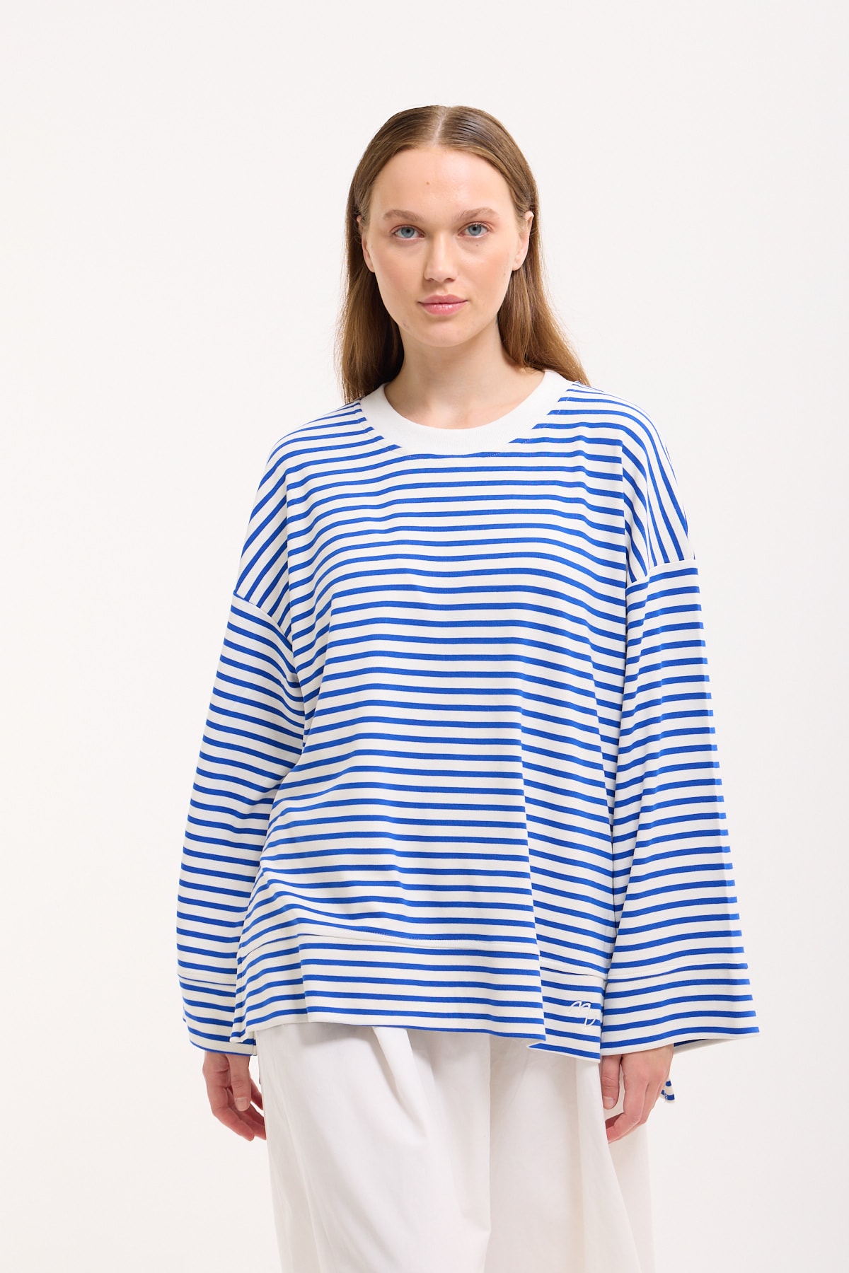Logolu Çizgili Sweatshirt  - Cobalt