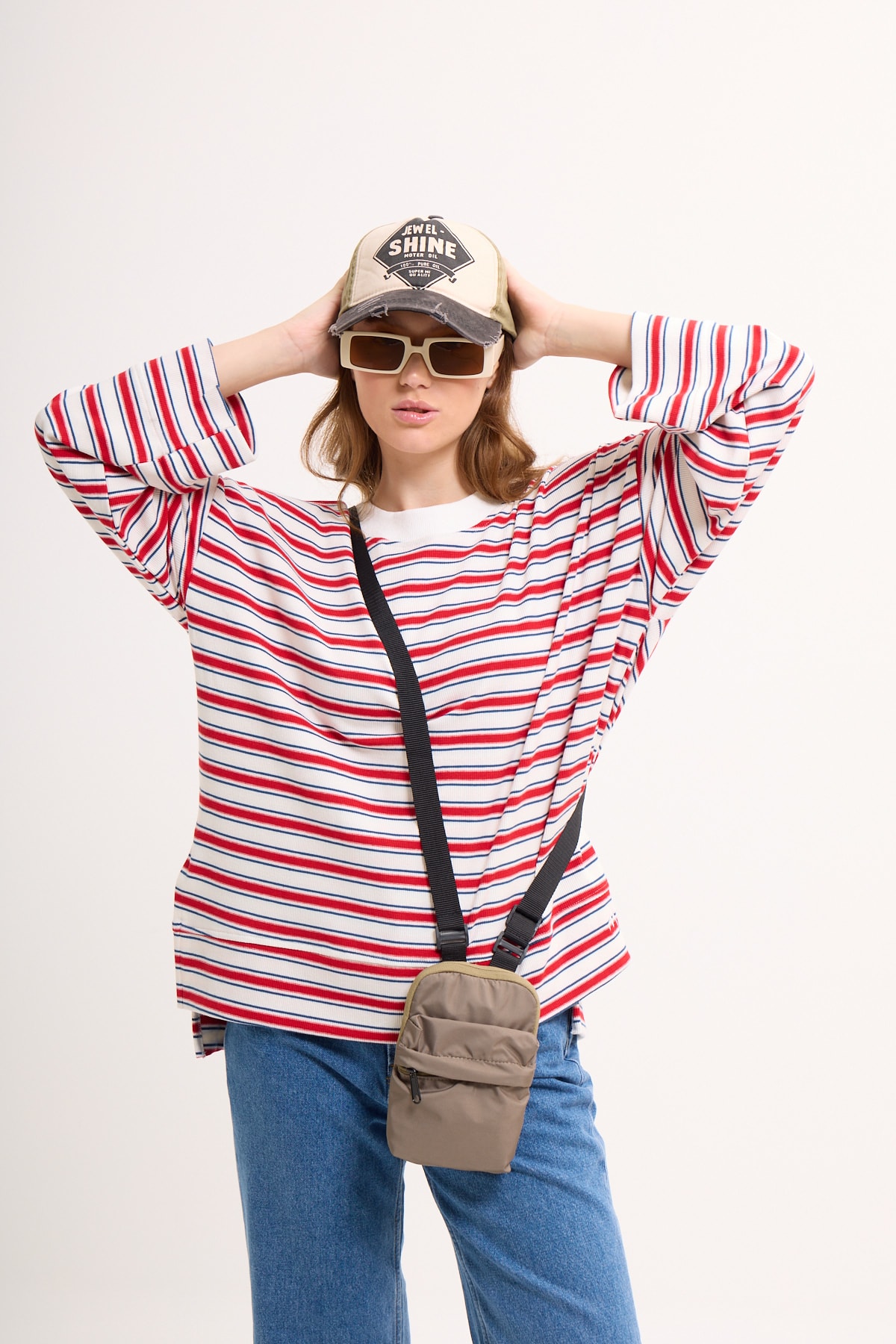 Logolu Çizgili Sweatshirt  - Oranj