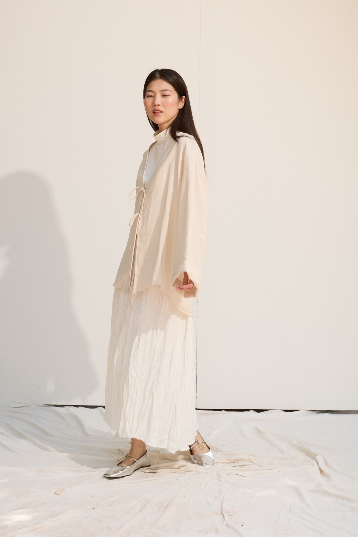 Bağcıklı Kimono Uzun - Bej