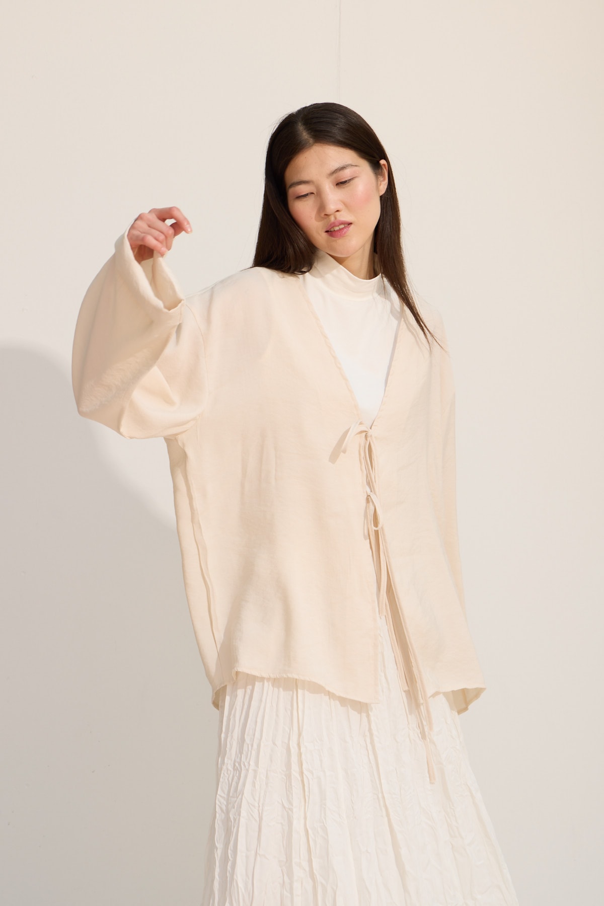 Bağcıklı Kimono Uzun - Bej