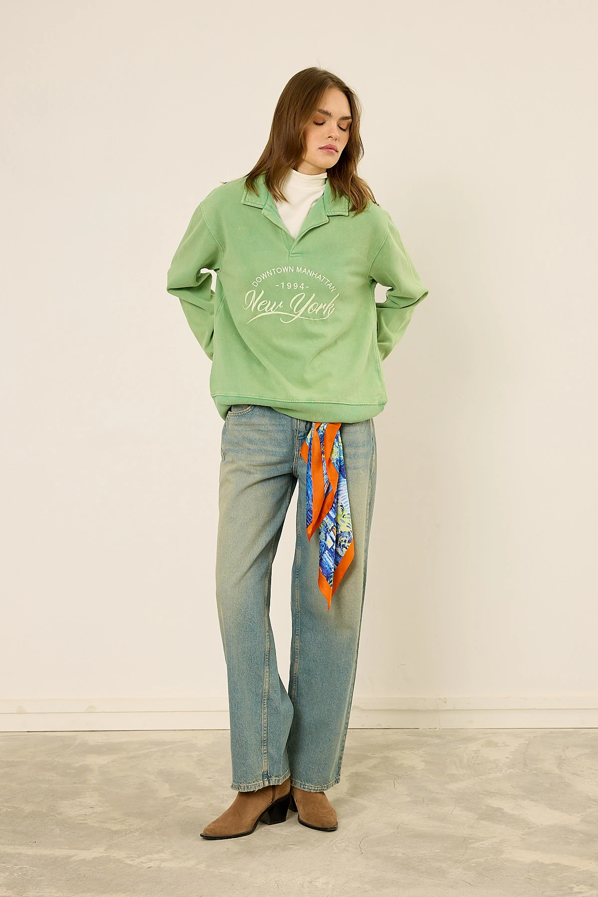 Polo Yaka Sweatshirt Tatlı Yeşil