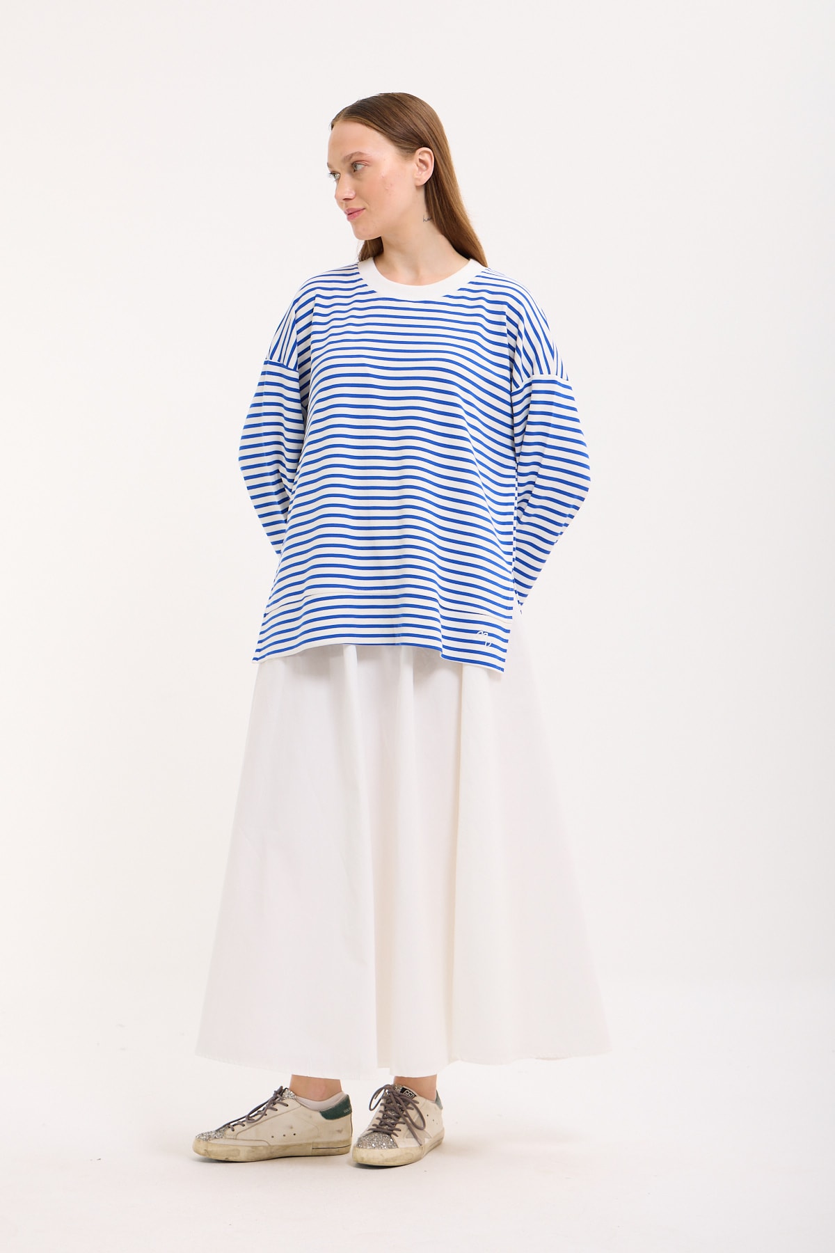 Logolu Çizgili Sweatshirt  - Cobalt