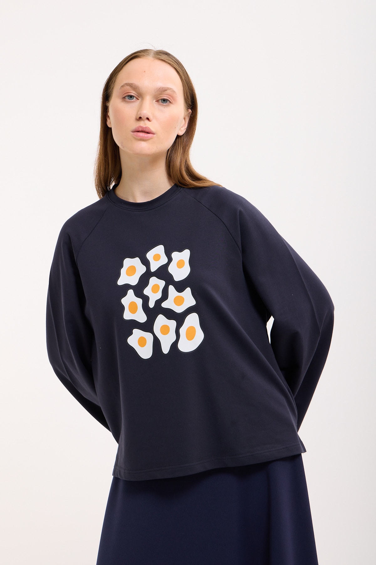 Basic Egg Baskılı Crop Lacivert