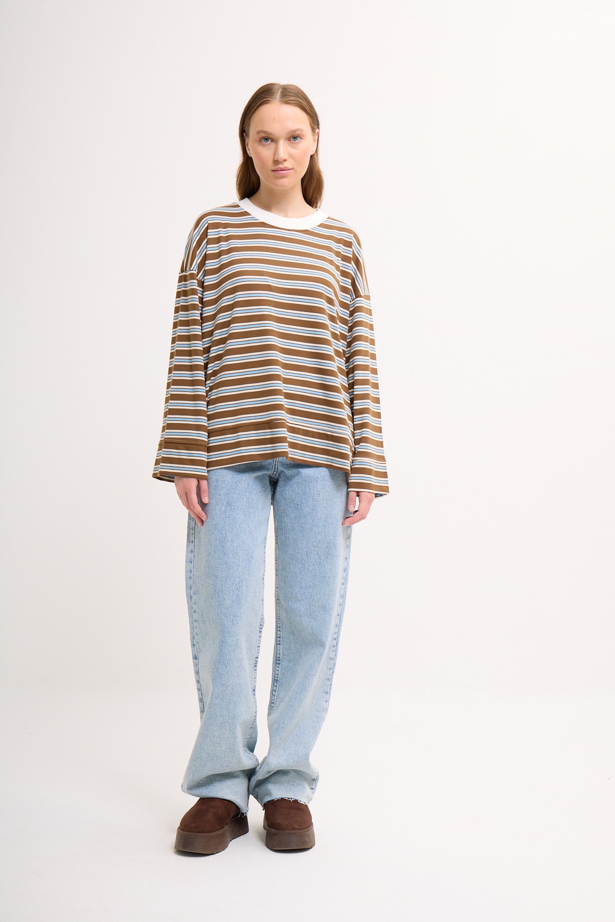 Logolu Çizgili Sweatshirt  - Badem