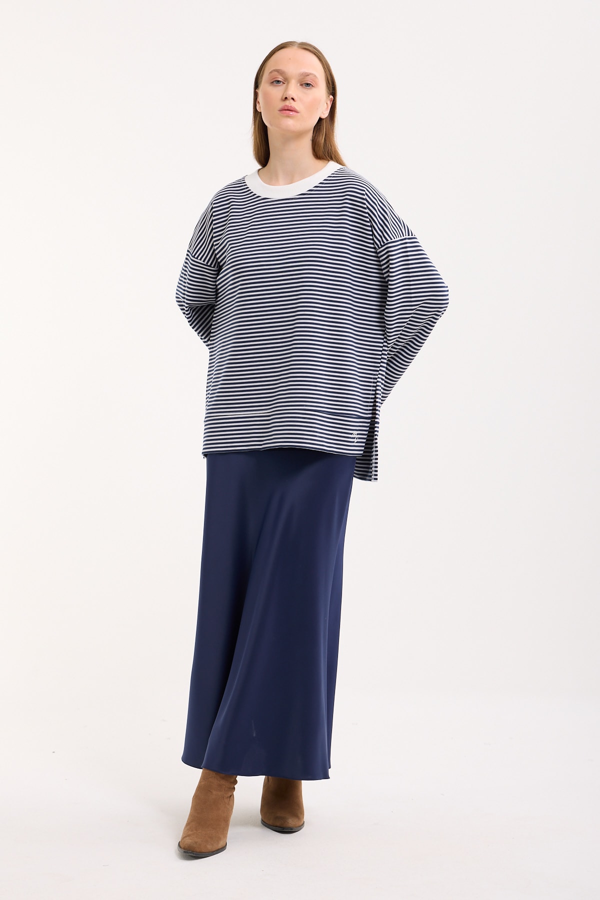 Logolu Çizgili Sweatshirt  - Grey