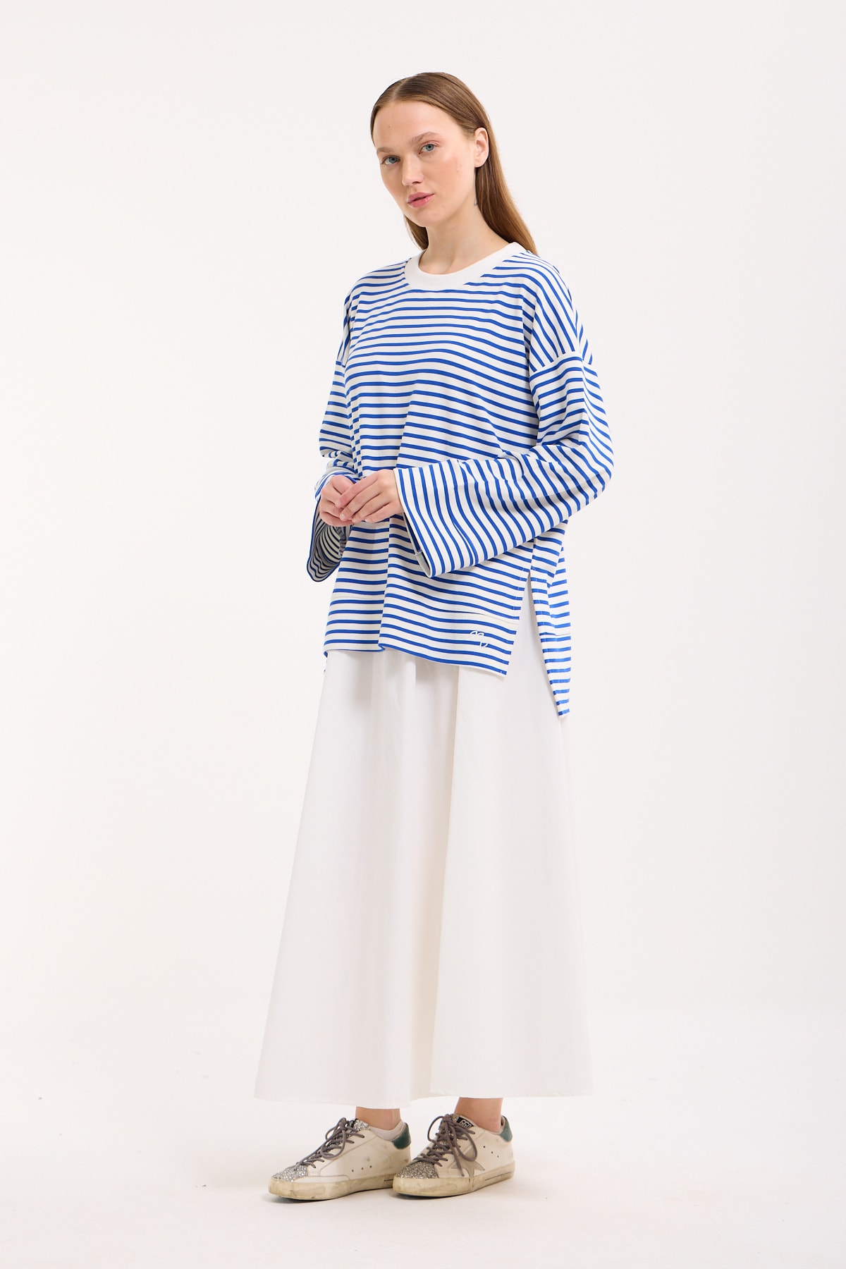 Logolu Çizgili Sweatshirt  - Cobalt