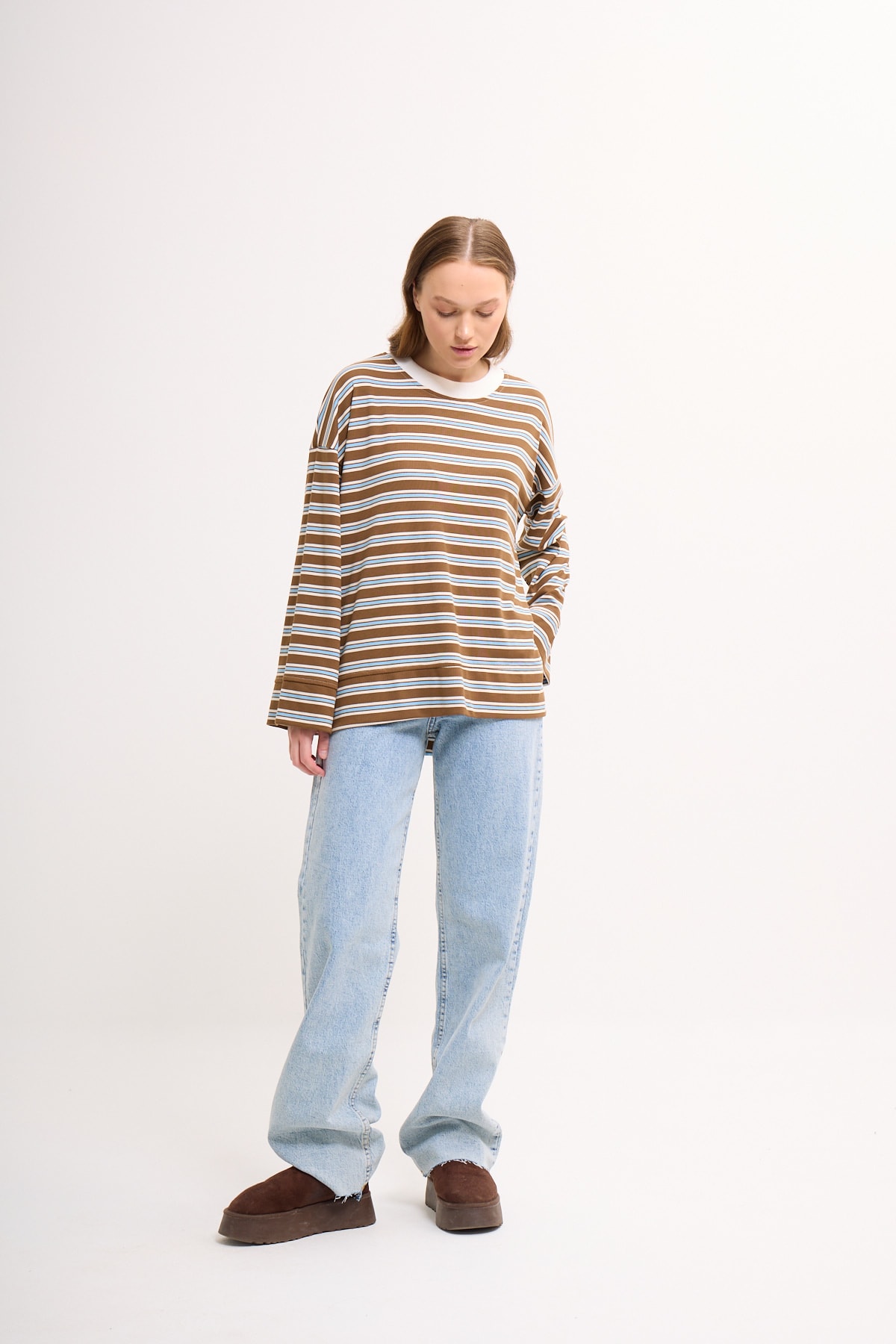 Logolu Çizgili Sweatshirt  - Badem
