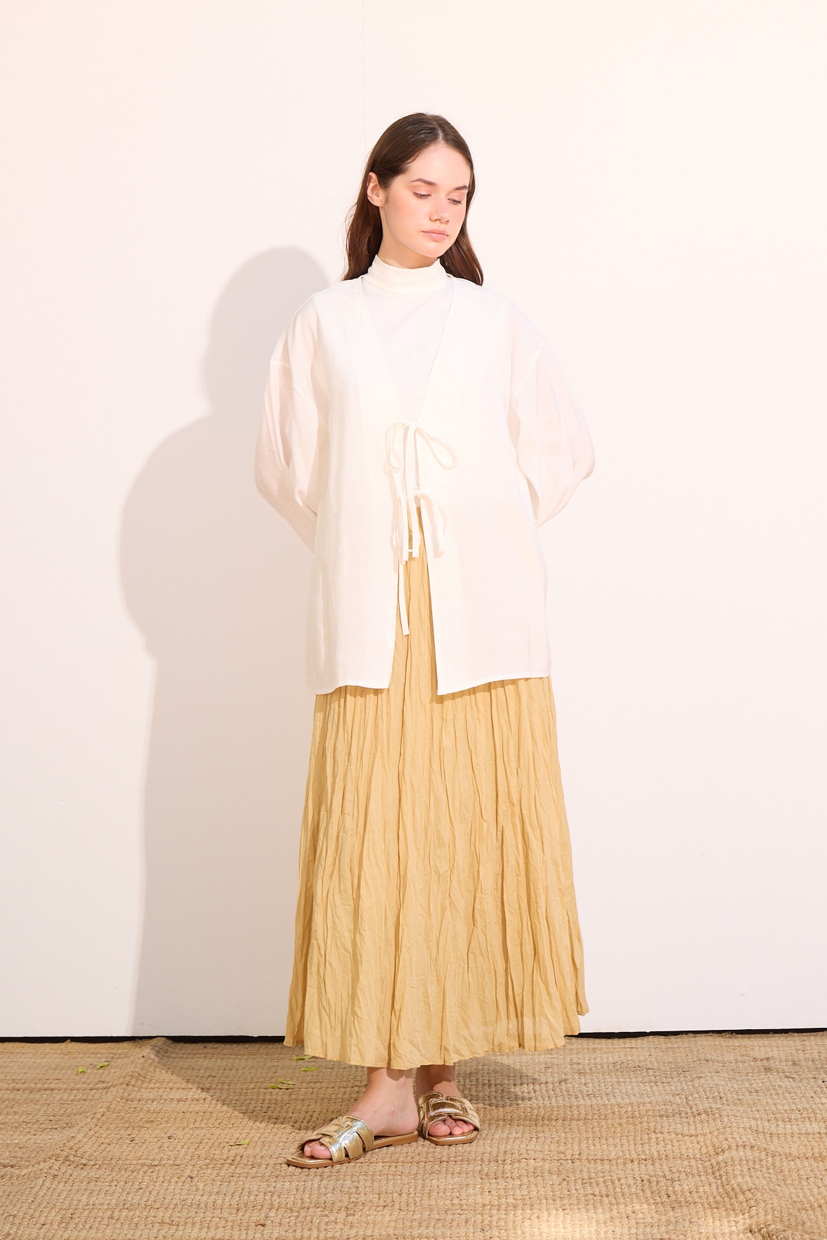Bağcıklı Kimono Uzun - Beyaz