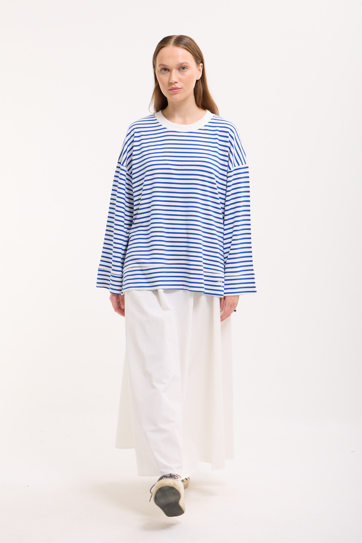 Logolu Çizgili Sweatshirt  - Cobalt