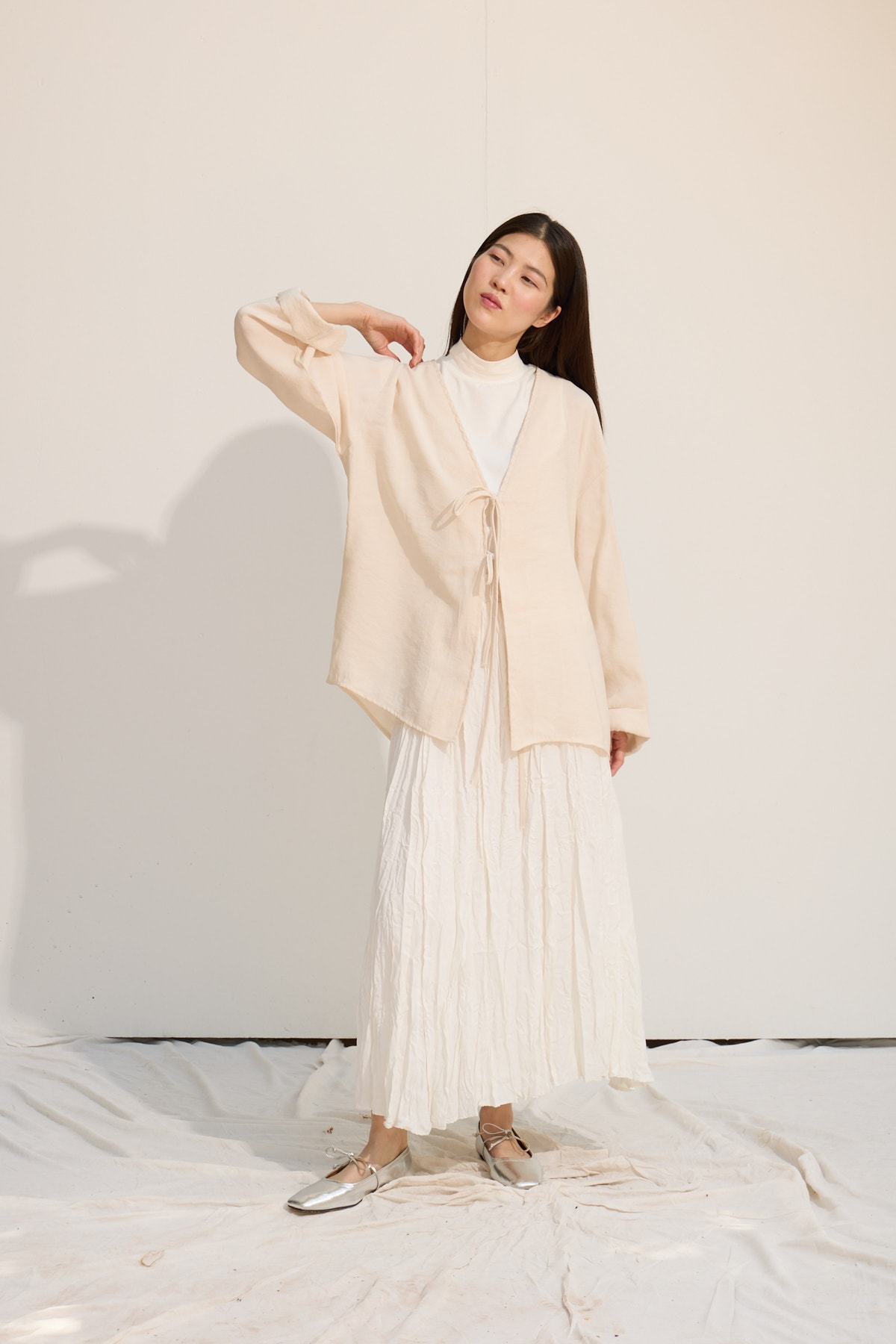 Bağcıklı Kimono Uzun - Bej