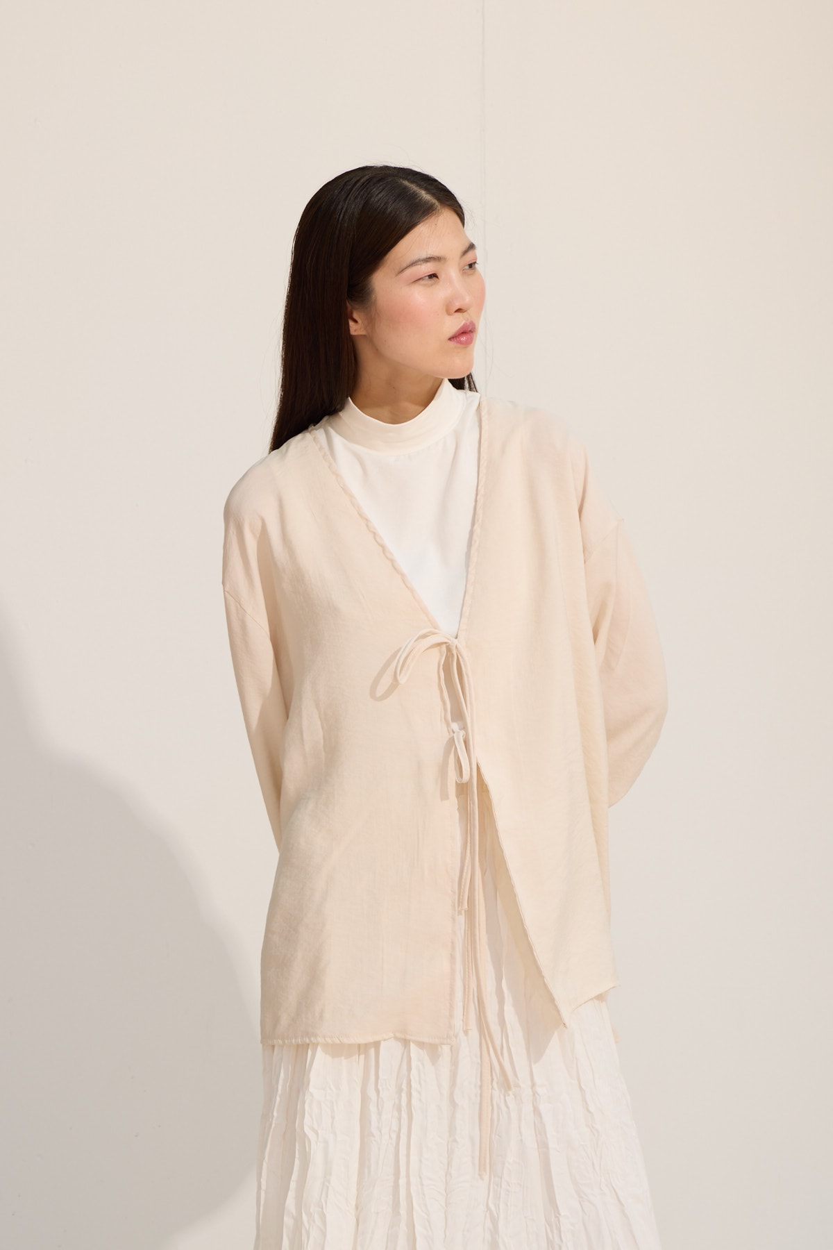Bağcıklı Kimono Uzun - Bej