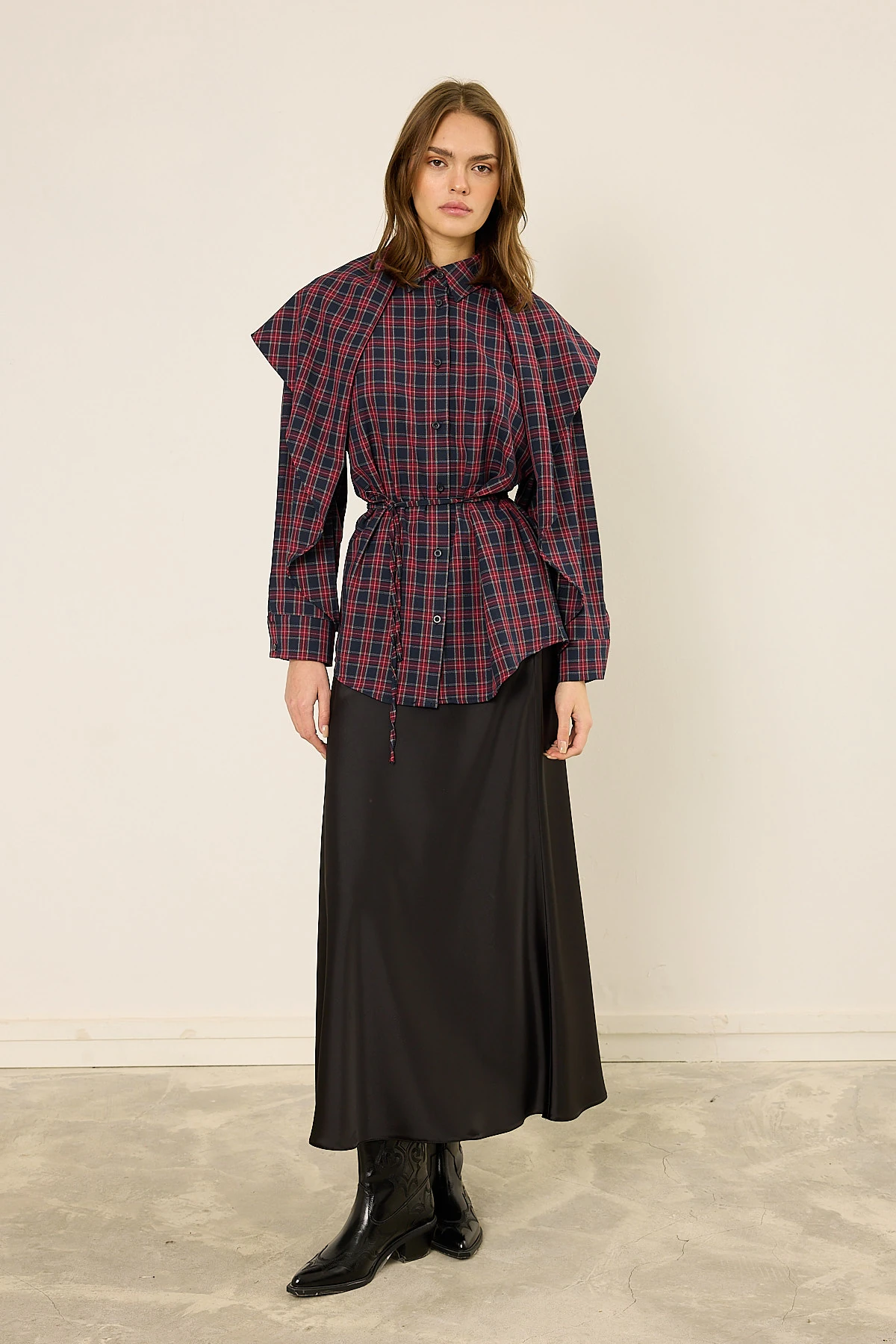 Fularlı Ekose Gömlek - Bordo