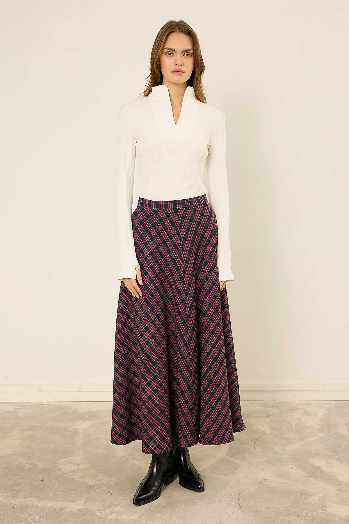 Premium Ekose Etek - Bordo