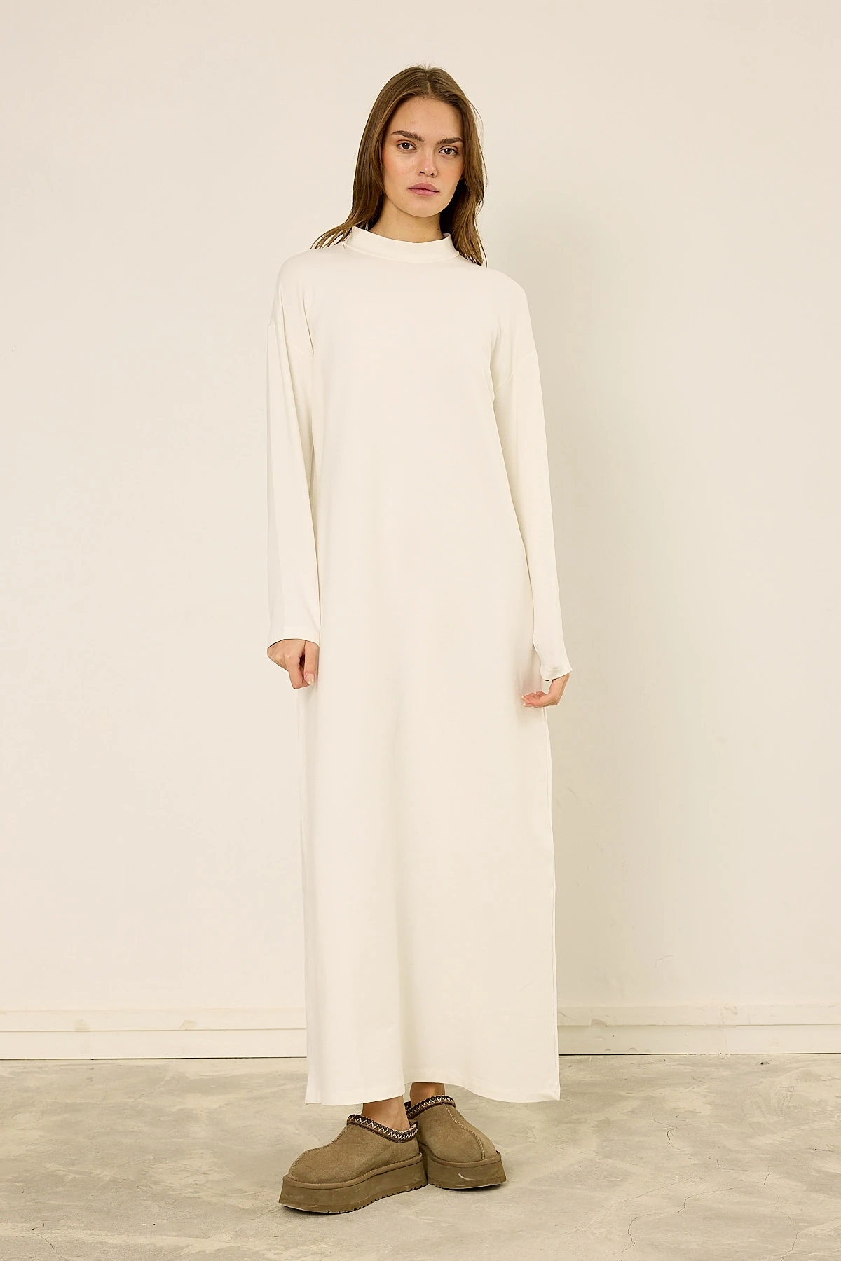 Pamuklu Uzun Kol Elbise  - Kırık Beyaz