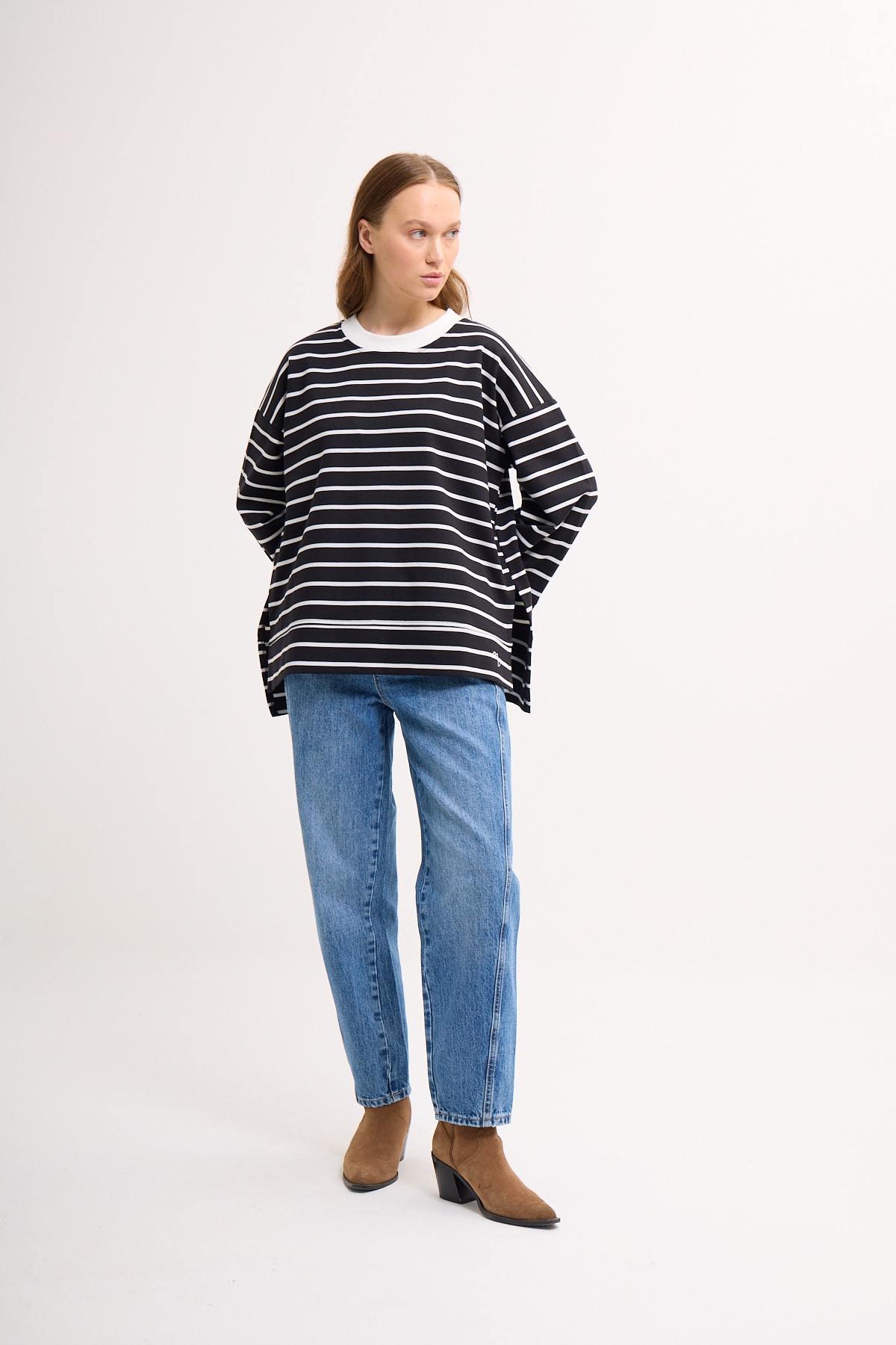 Logolu Çizgili Sweatshirt  - Gece