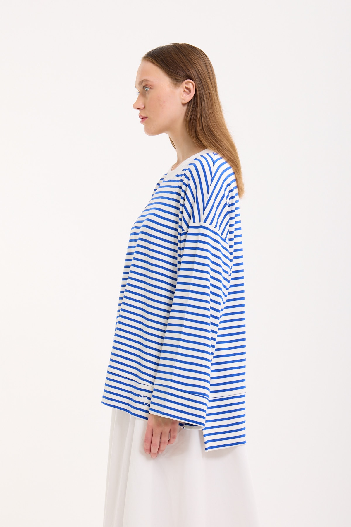 Logolu Çizgili Sweatshirt  - Cobalt